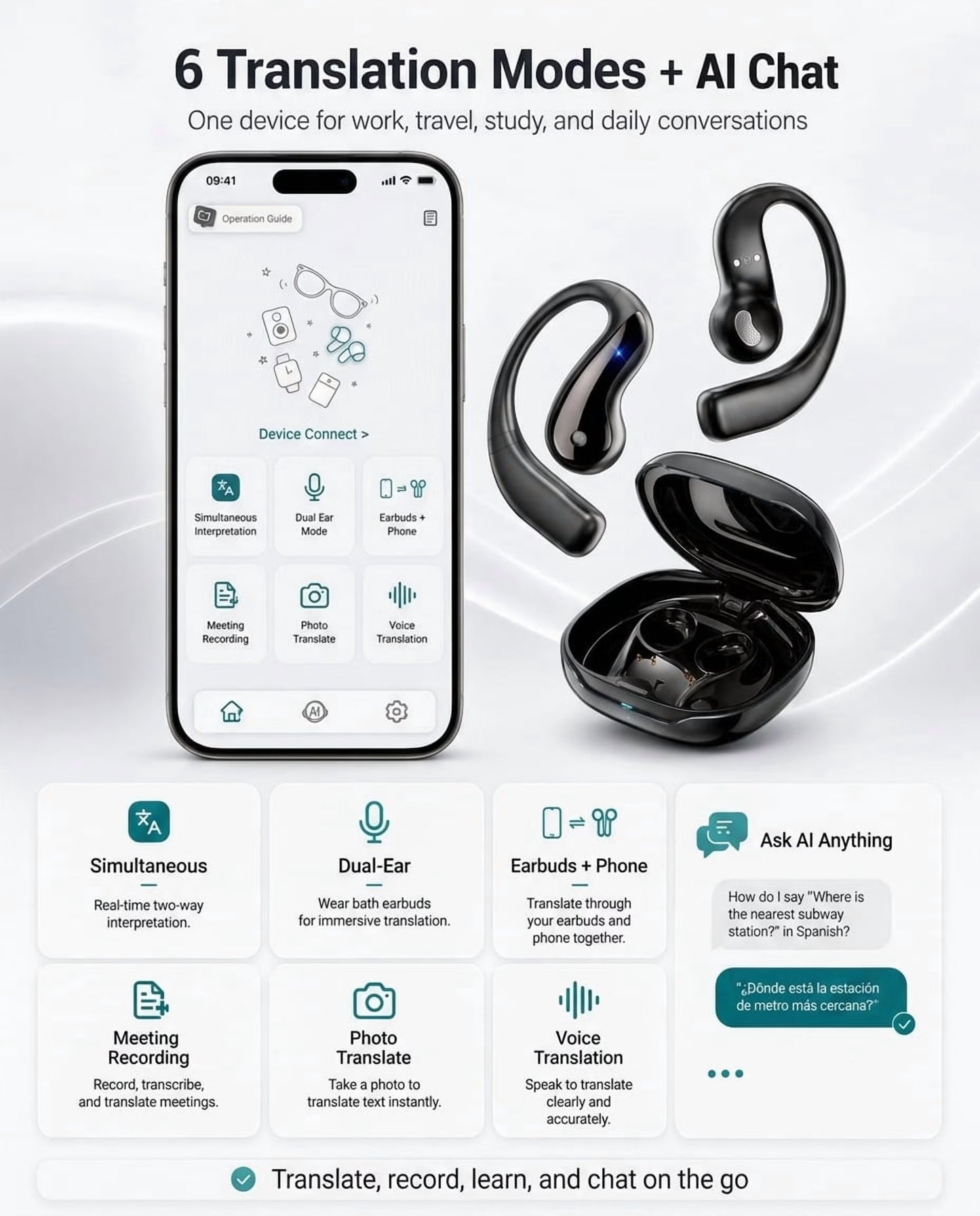 AI Translation Earbuds Real Time, 164 Language Translator Earbuds, 4-In-1 Bluetooth Earbuds Pro, Open-Ear Translator Headphones with No Subscription , 60H Playtime for Travel Work Learning