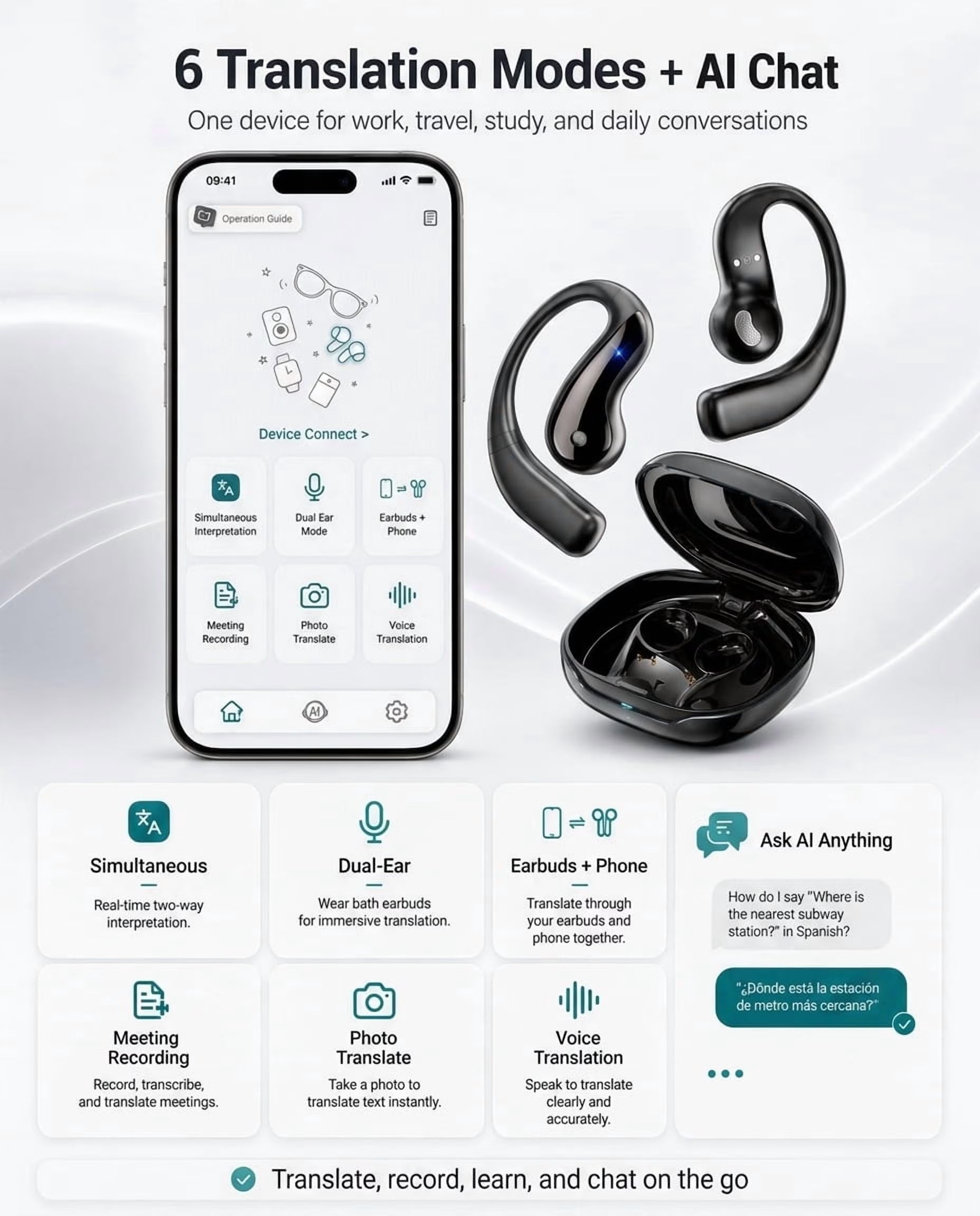 AI Translation Earbuds Real Time, 164 Language Translator Earbuds, 4-In-1 Bluetooth Earbuds Pro, Open-Ear Translator Headphones with No Subscription , 60H Playtime for Travel Work Learning