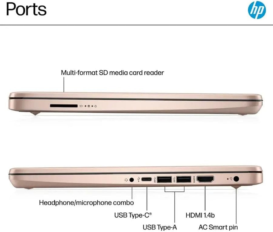 HP 14 Ultrabook Laptop • Intel CPU • 4GB RAM • 128GB UFS • up to 11.5 Hours Battery • Windows 11 Home • Rose Gold