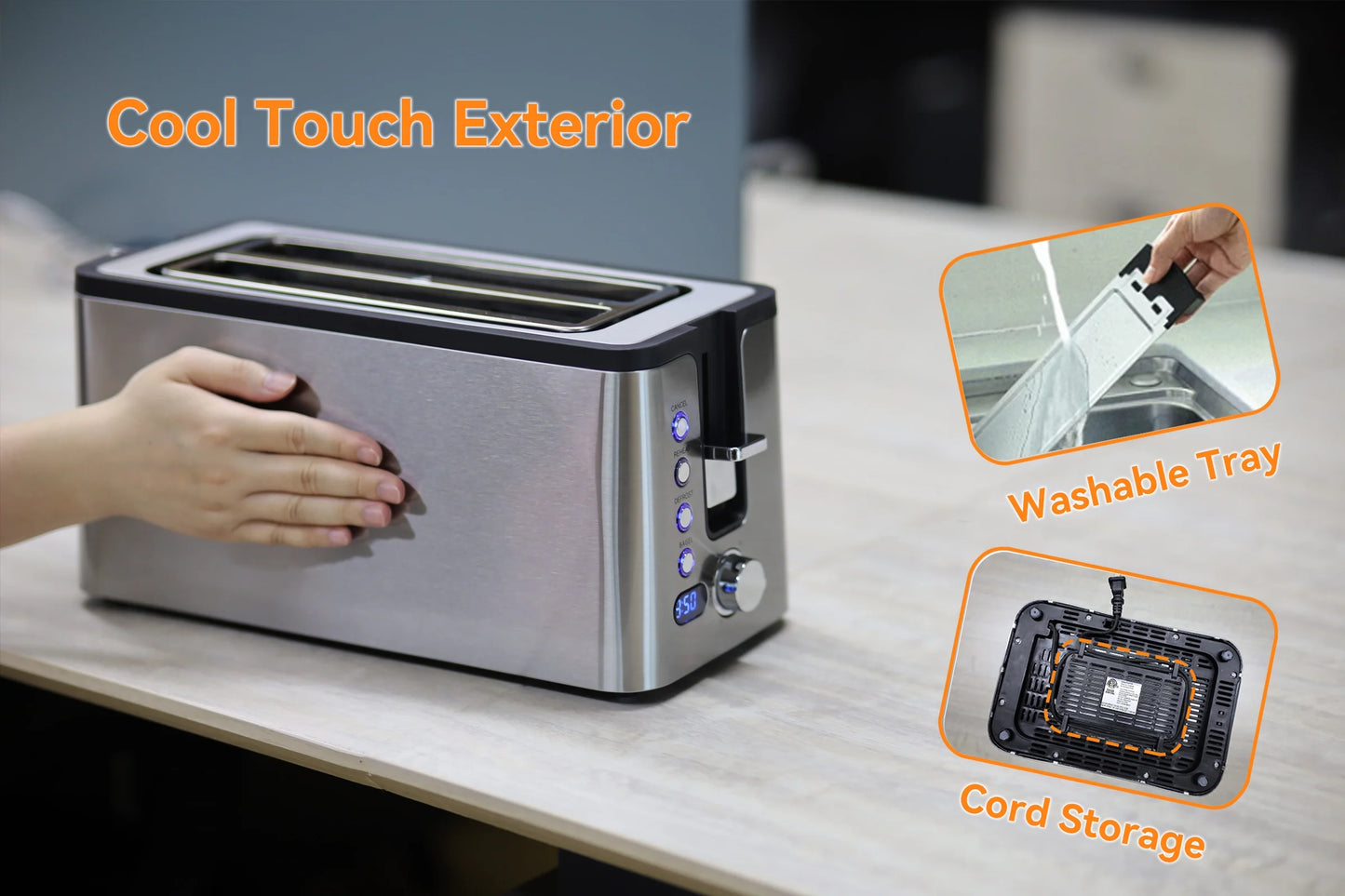 4-Slice Stainless Steel Toaster with Digital Countdown Timer & Warming Rack, 1300W, Silver