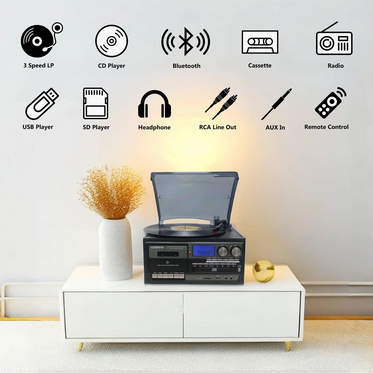 Vinyl Record Player Turntable with Bluetooth, CD, Tape, Radio, USB Recorder, Stereo Home System