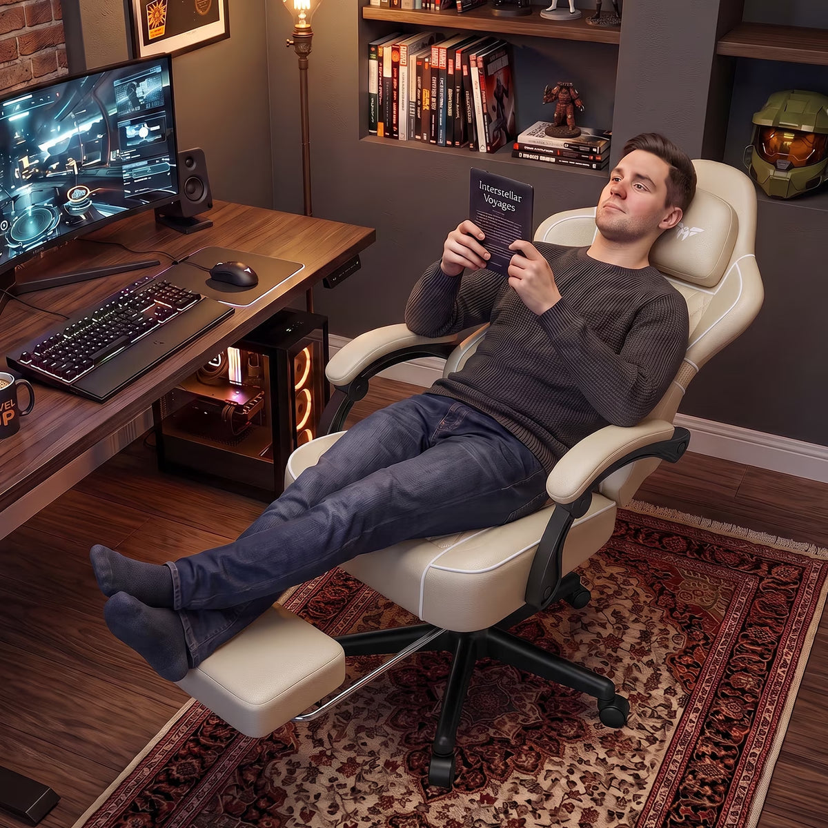 Gaming Chair for Adults, Ergonomic Gamer Chair with Footrest and Massage Lumbar Cushion, High Back Swivel Comfortable Video Game Chair, Adjustable Height Computer Office Chair, Beige