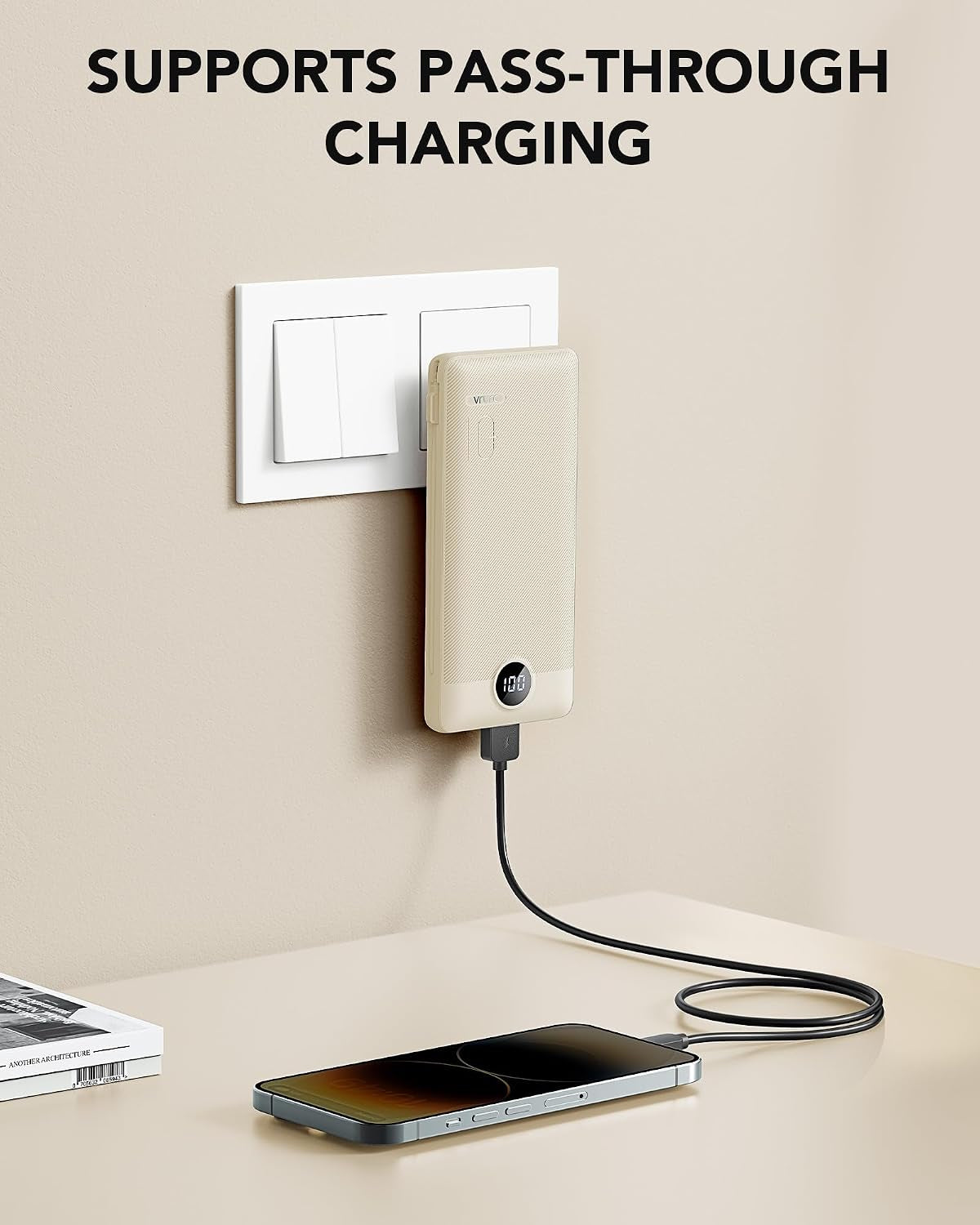 Portable Charger Built-In Cables and AC Wall Plug, USB C Power Bank 10000Mah, Travel Battery Portable Phone Charger Compact Lightweight External Battery Pack for Smart Phones, Tablets Etc-Light Coffee