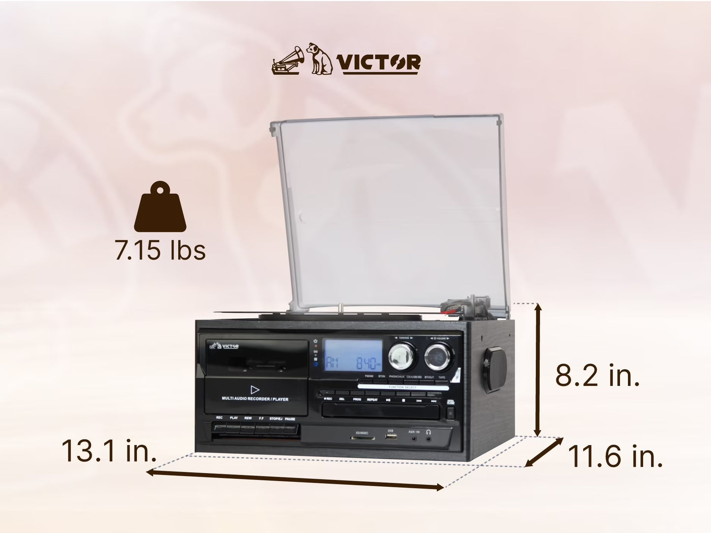 VWRP-4200 Cosmopolitan 8-In-1 Turntable Music Center with 3-Speed Record Player, Cd/Mp3/Cassette Player, AM/FM Radio, Dual Bluetooth in & Out, USB Playback & Recording