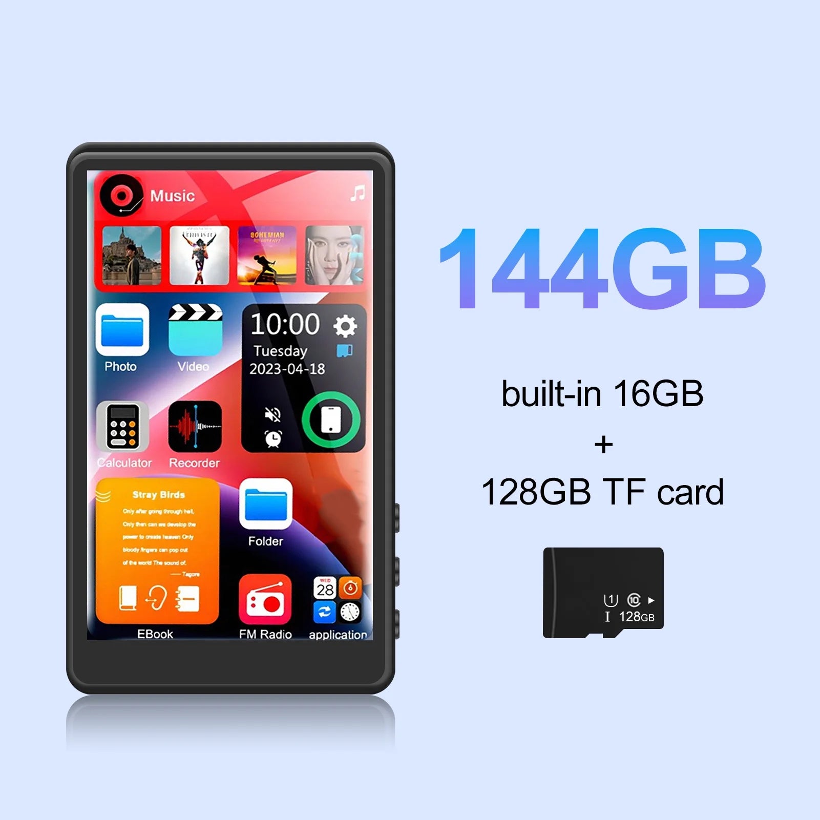 144GB Mp3 Player with Bluetooth, 4.0 Inch Full Touchscreen Mp4 Player, Voice Recorder, Portable Hifi Sound Mp3 Music Player with Earphones, Built-In HD Speaker, Black