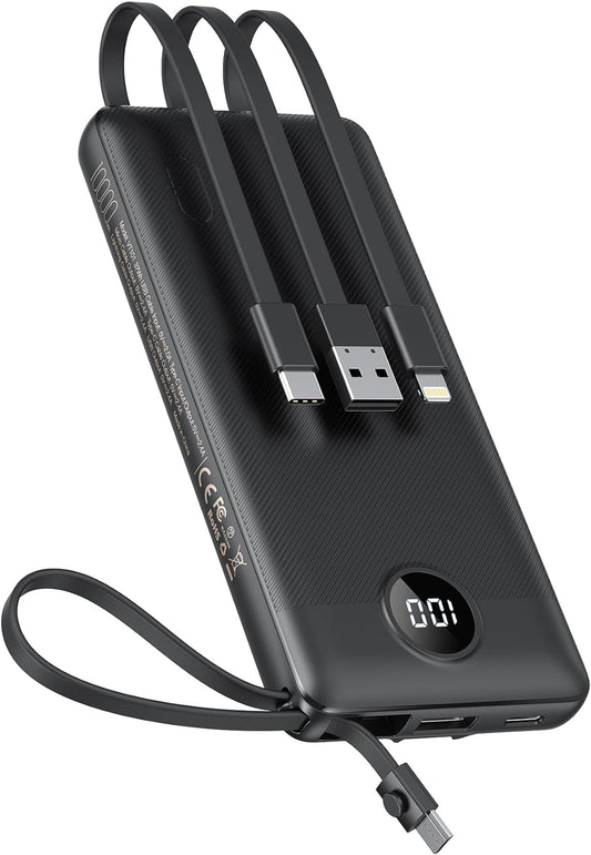 Portable Charger Built-In Cables,10000Mah Power Bank for Iphone,Fast Charge USB C Battery Pack Travel Essentials Powerbank Compatible with Iphone 17/16/15/14, Samsung S25/24, Android, Etc