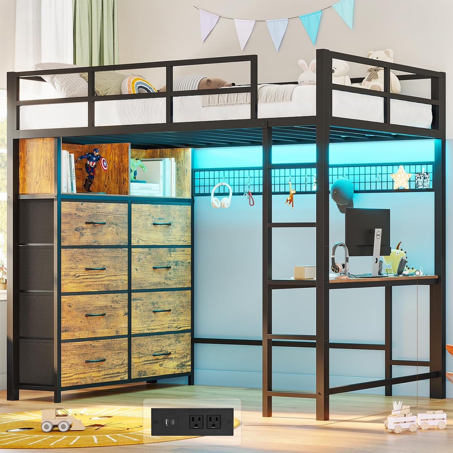 Twin Size Loft Bed with Desk and 8 Storage Drawers, Rustic Brown | LED Metal Kids Loft Bed with Charging Sation, Storage Shelves, 13.1" H Safety Guard & Ladder, No Box Spring Needed