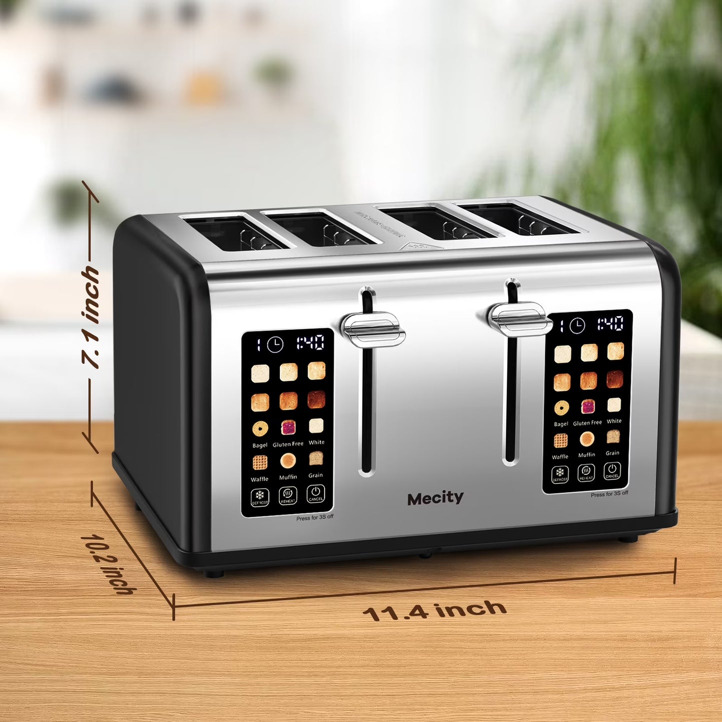 4-Slice Toaster with Touchscreen, Stainless Steel, Wide Slots, 6 Browning Settings, Digital Display, Reheat, Defrost, Crumb Tray, Matte Black