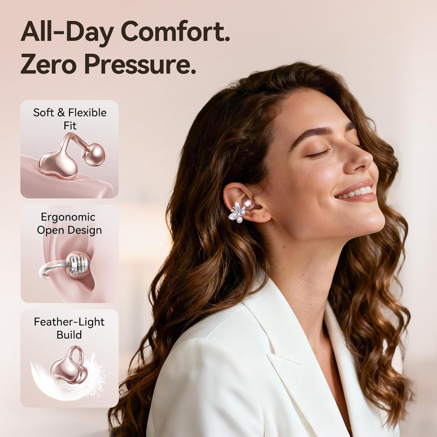 Clipfree Open-Ear Headphones with Butterfly Earrings, Ultra-Comfort & Snug Fit Clip on Earbuds, 50H Playtime Bluetooth 6.0 Wireless Headphones for Women Gifts, Sports & Workouts (Rose Gold)