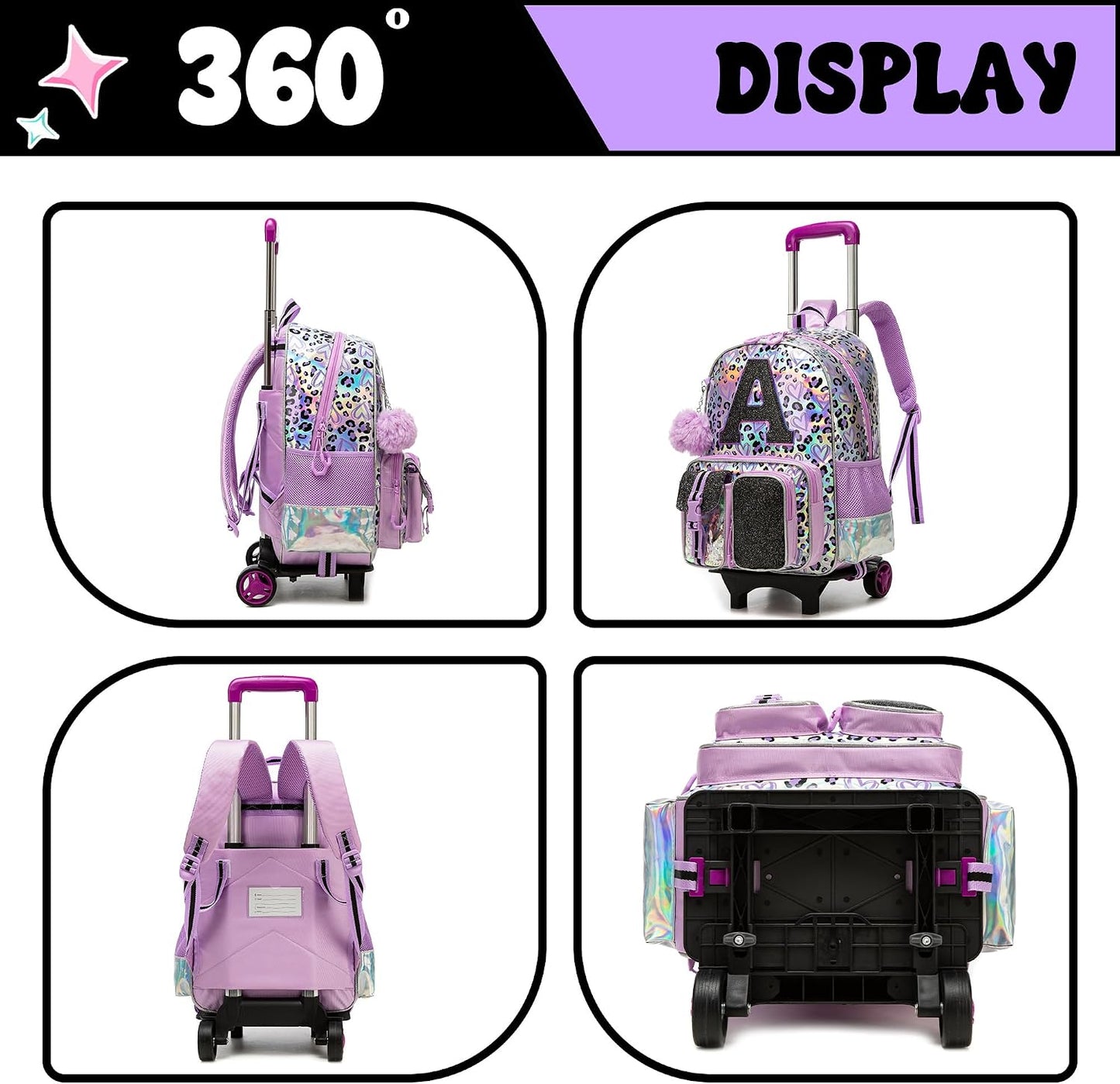 Kids Rolling Backpack for Girls Backpack with Wheels 3Pcs Rolling Backpacks for Kids, 16.5" Roller Backpacks for Girls with Lunch Box Pencil Case