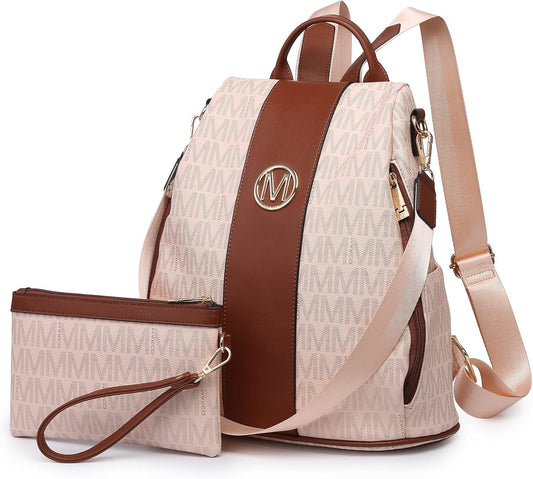 Women Fashion Backpack Purse Multi Pockets Anti-Theft Rucksack Travel Shoulder Bag Handbag Set 2Pcs