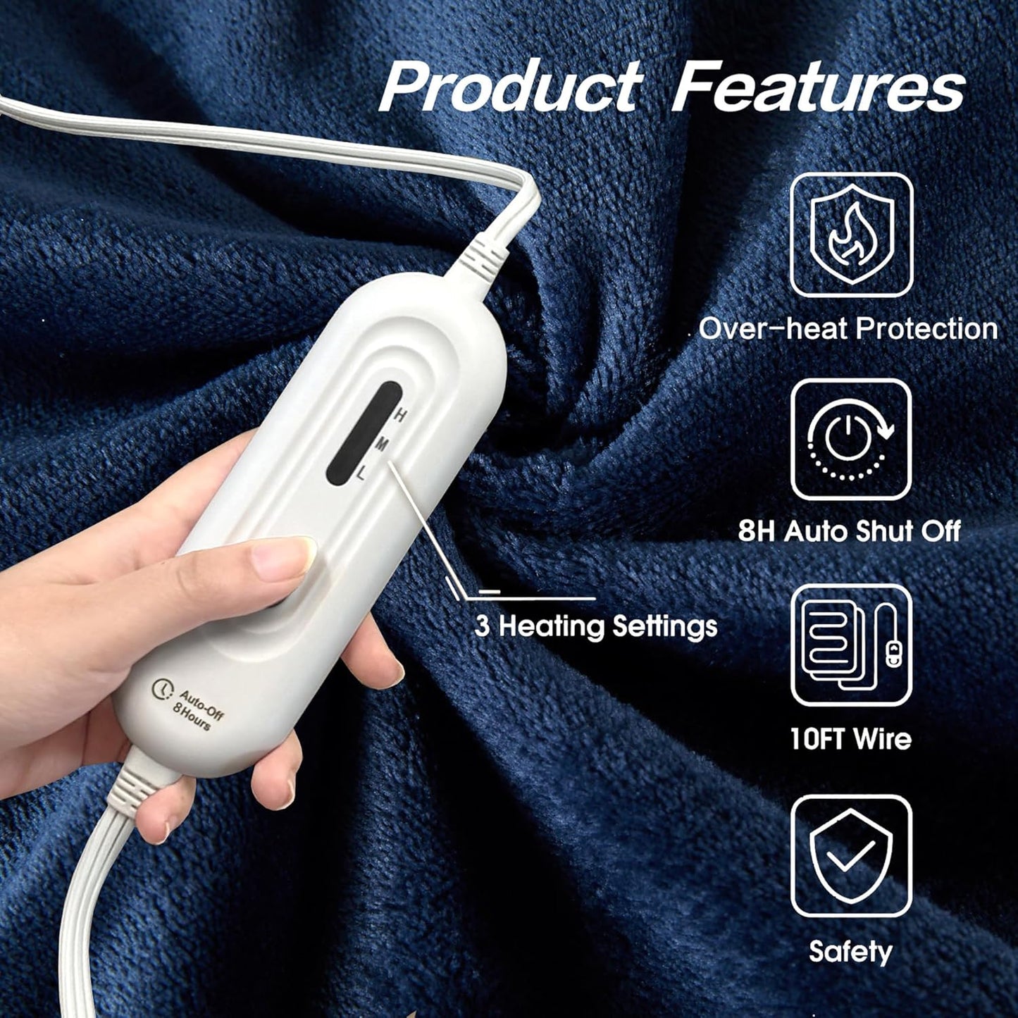 Electric Heated Blanket Twin,Super Cozy Soft 2-Layer Flannel 62" X 84" Heated Twin Size with 3 Heating Levels 8 Hours Auto Off, Machine Washable, ETL and FCC Certified, Home Office Use, Blue