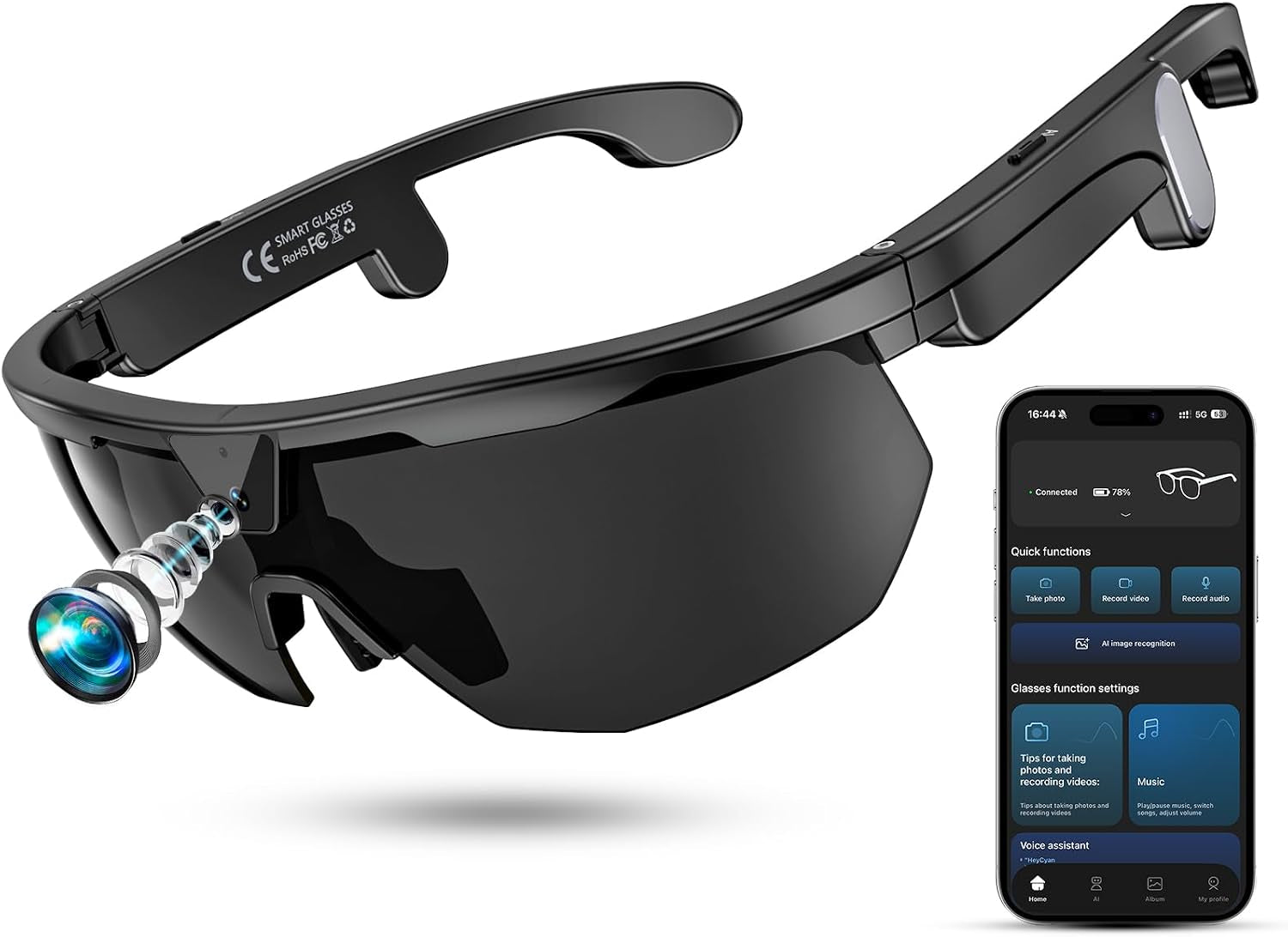 Smart Glasses with 4K HD Anti-Shake Camera & 3D Stereo Speakers | Polarized UV400 Sports Sunglasses | Bluetooth AI Glasses for Outdoor Video, Photos & Music | Hifi Audio Action Camera (Dark)