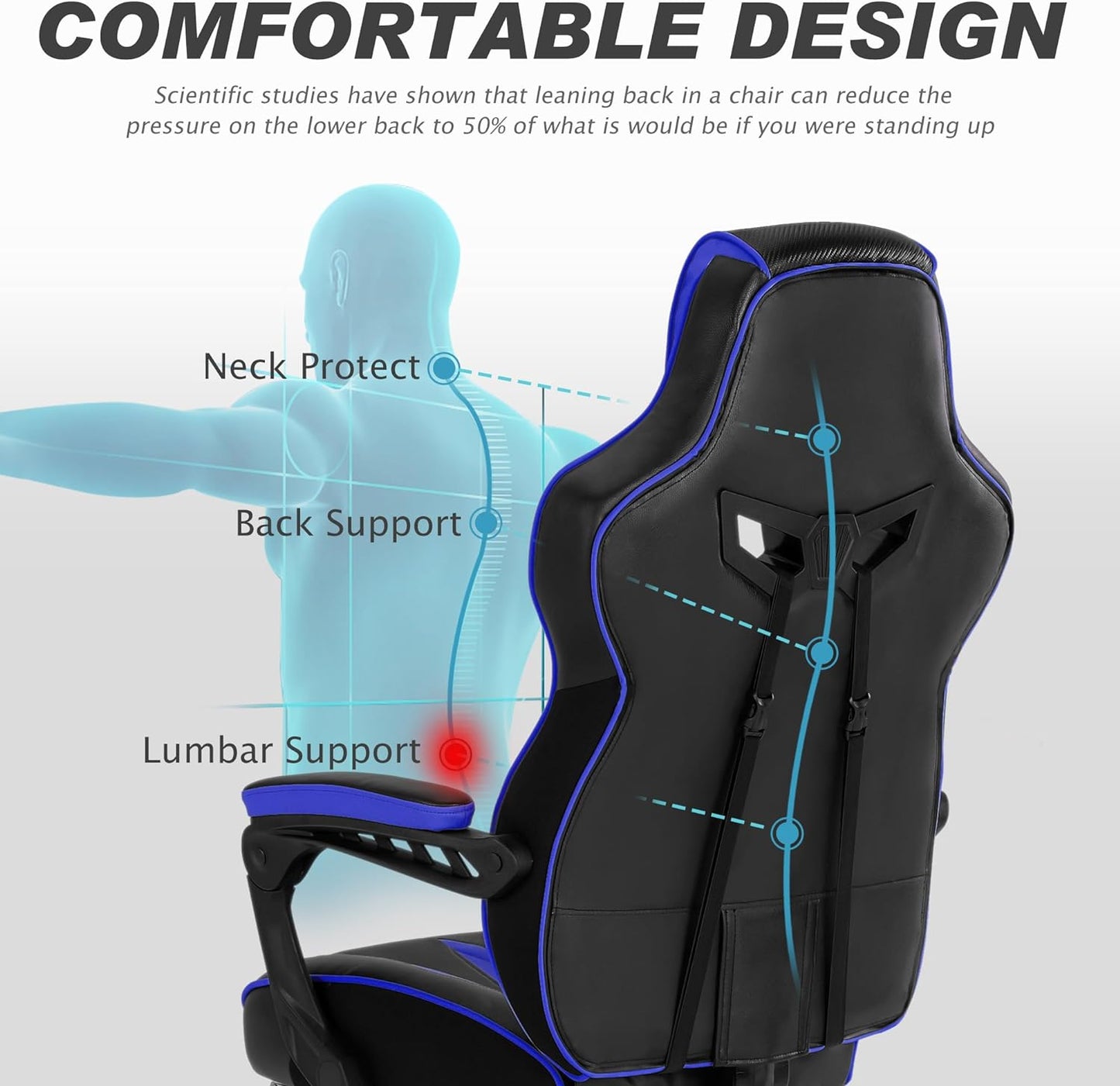 Gaming Chair with Footrest Reclining Computer Chair with Massage Gamer Chair Big and Tall Gaming Chair Ergonomic PC Gaming Chair Adults Computer Gaming Chairs for Heavy People 300LBS (Blue)