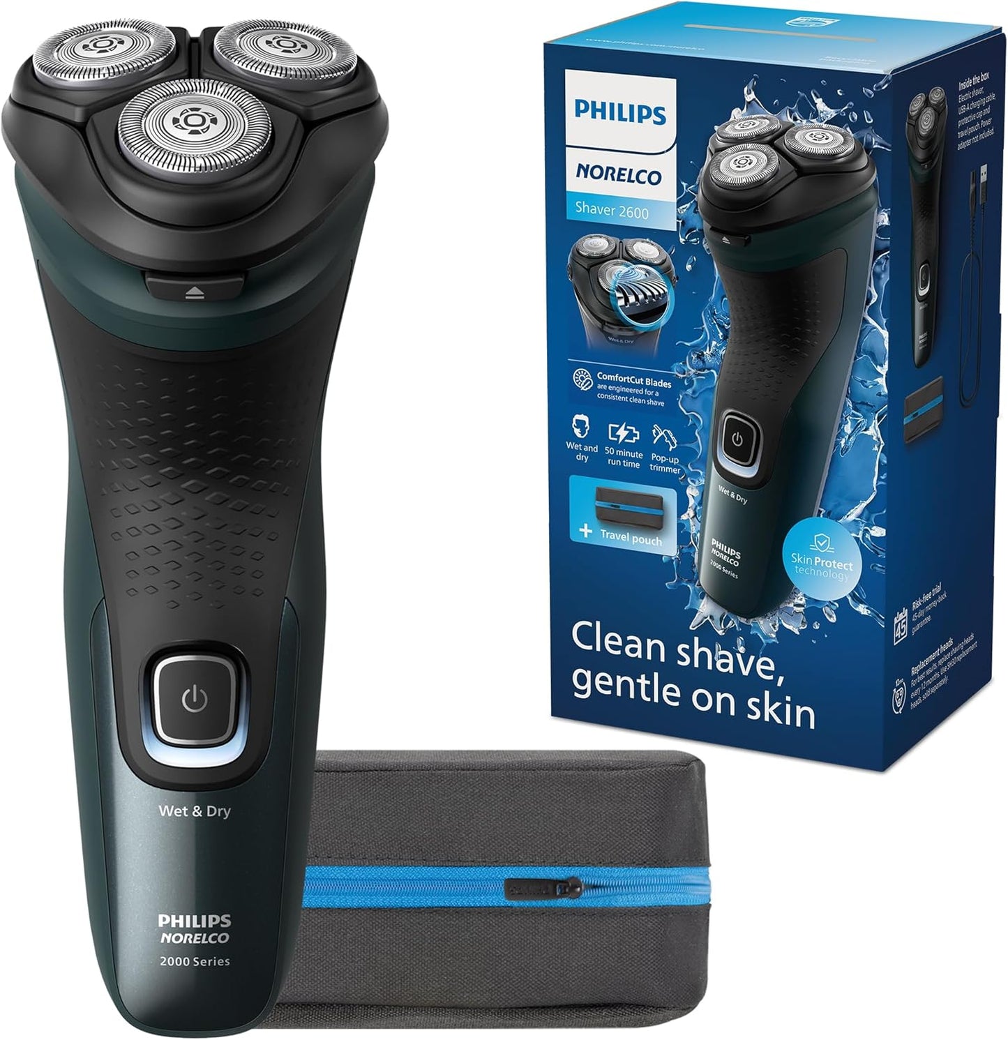 Shaver 2600 Series, Wet and Dry Electric Shaver, Pop-Up Trimmer, P-Cap, Travel Pouch, Dark Forest Green, Model X3052/91