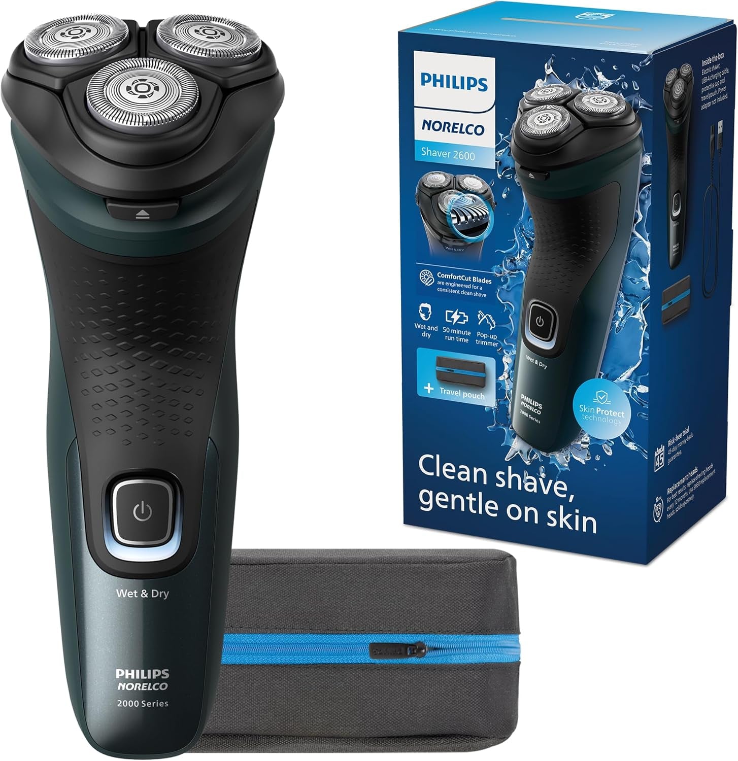 Shaver 2600 Series, Wet and Dry Electric Shaver, Pop-Up Trimmer, P-Cap, Travel Pouch, Dark Forest Green, Model X3052/91
