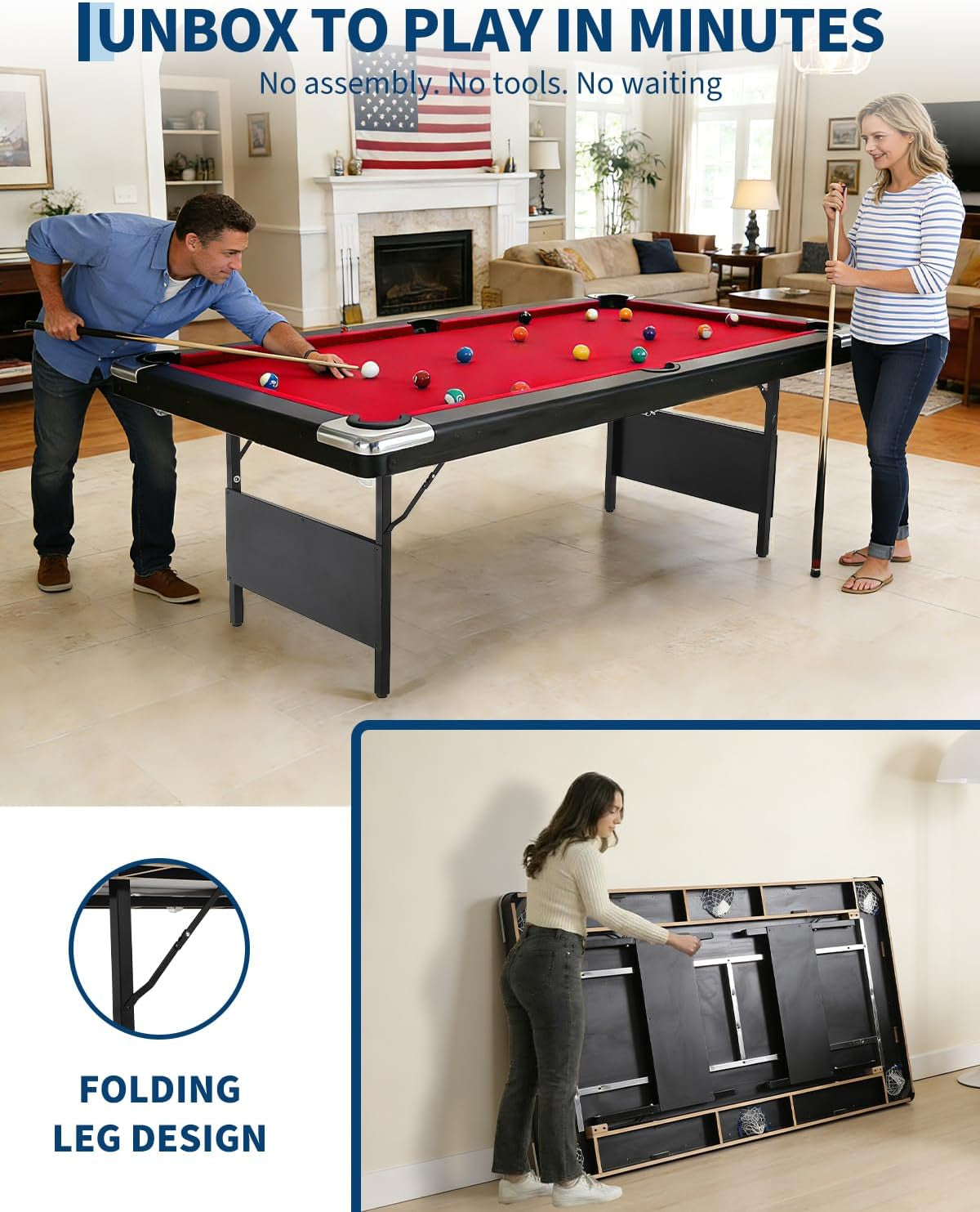 6,7 Foot Foldable Pool Table, Portable Billiards Table for Adults with Full Accessories Set, Mesa De Billar Includes 16 Balls, 2 Cue Sticks, Chalk, Rack & Brush, Game Room Table for Home
