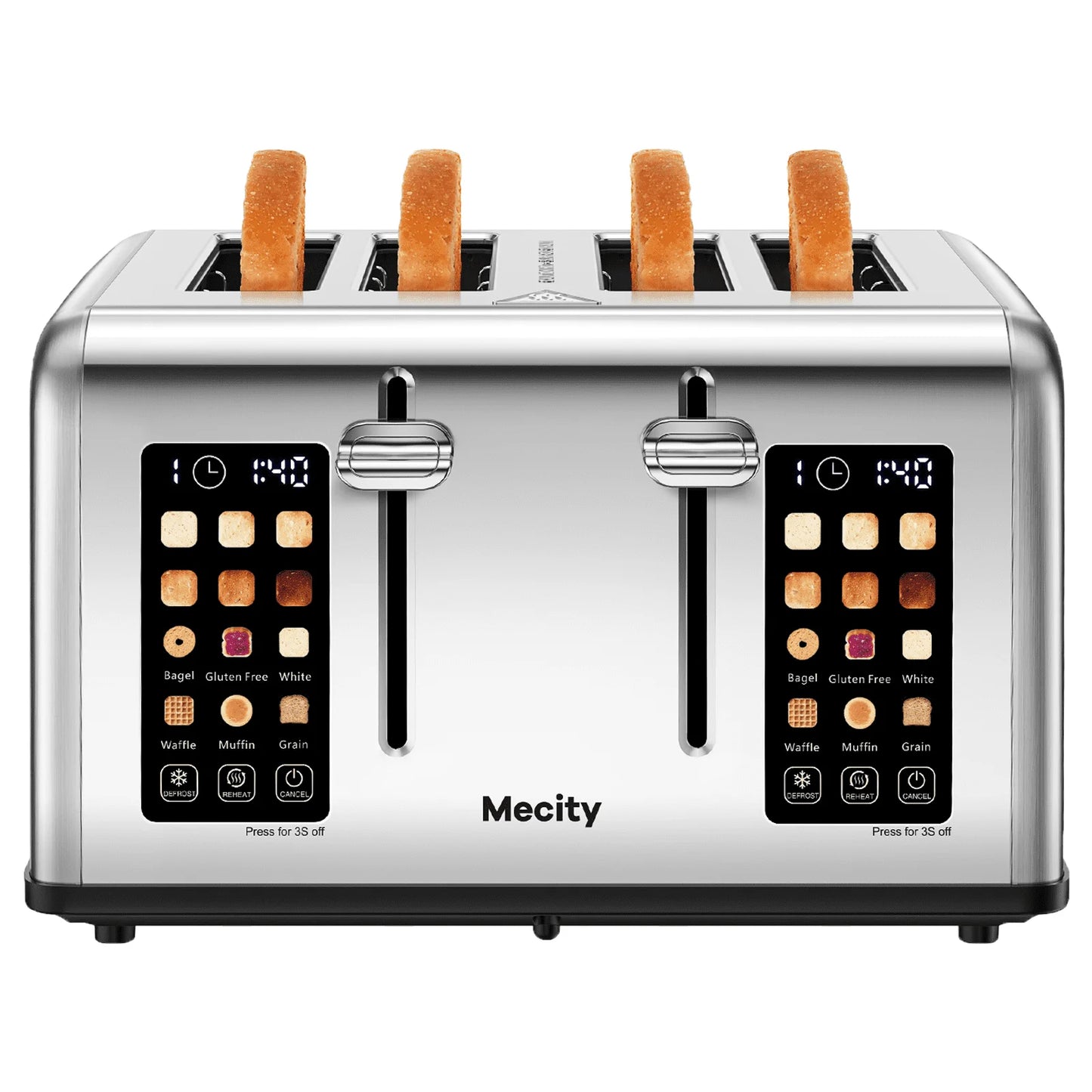 4-Slice Toaster with Touchscreen, Stainless Steel, Wide Slots, 6 Browning Settings, Digital Display, Reheat, Defrost, Crumb Tray, Matte Black