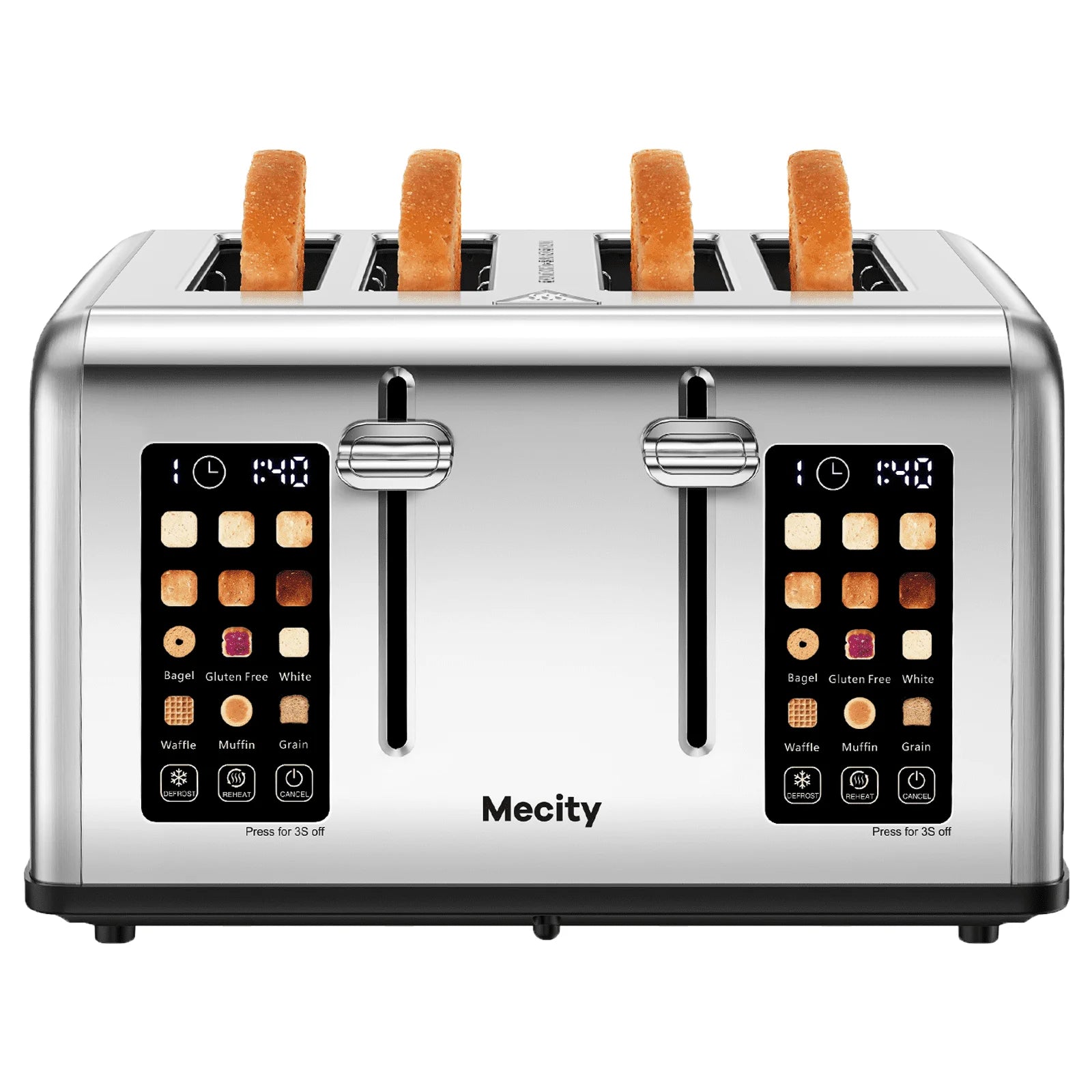 4-Slice Toaster with Touchscreen, Stainless Steel, Wide Slots, 6 Browning Settings, Digital Display, Reheat, Defrost, Crumb Tray, Matte Black