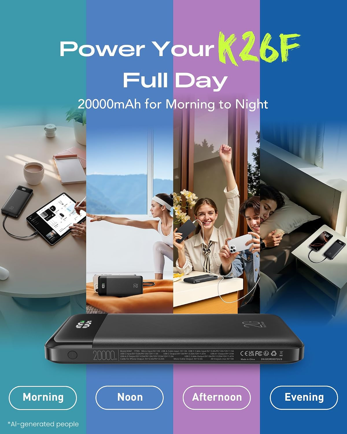 20000Mah Power Bank, Portable Charger with 4 Built-In Cables