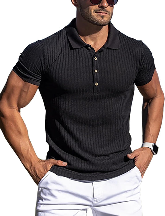 Men'S Muscle T Shirts Stretch Short Sleeve Workout Tee Casual Slim Fit Polo Shirt