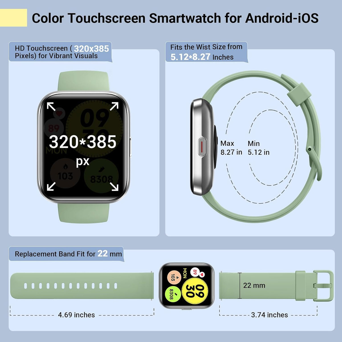 Smart Watches for Women/Men, Smart Watch for Android Phones & Iphone, Fitness Watches for Women with Alexa, Call & Notification Alerts, Tracks Heart Rate/Sleep Smartwatches (Green, 1.8 Inches)