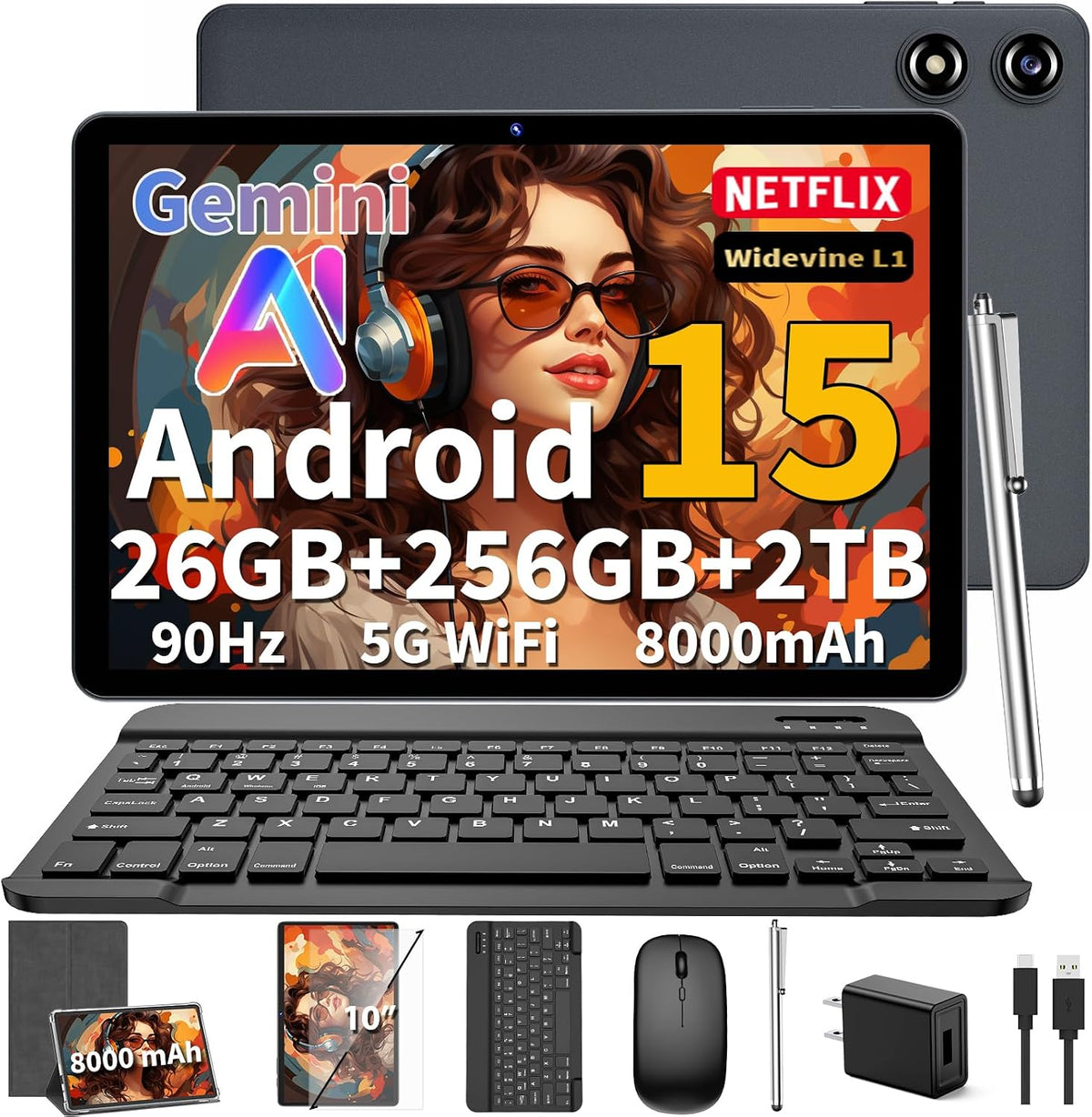2026 10 Inch Tablet, Gemini AI Android 15 Tablet with Keyboard(Silver Case)