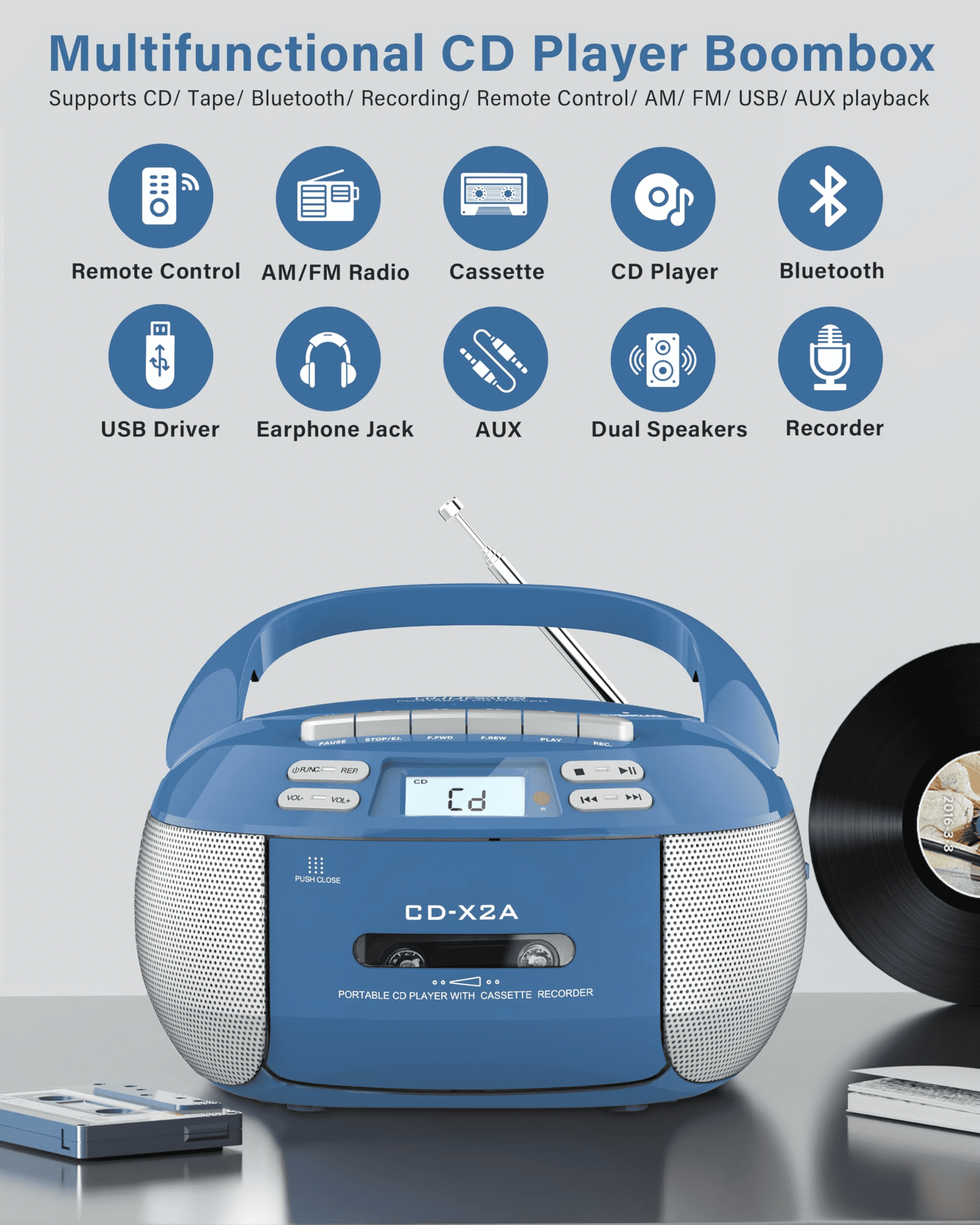CD Player Combo with Bluetooth, Boombox Cassette Portable CD Players, Support AM FM Radio/Remote Control/Aux/Usb/Earphone, Ac/Battery Operated, LCD Display for Home,Kids,Gift (Blue)