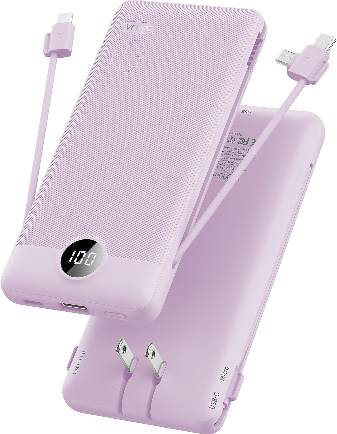 Portable Charger, Power Bank Built-In Cables and AC Wall Plug