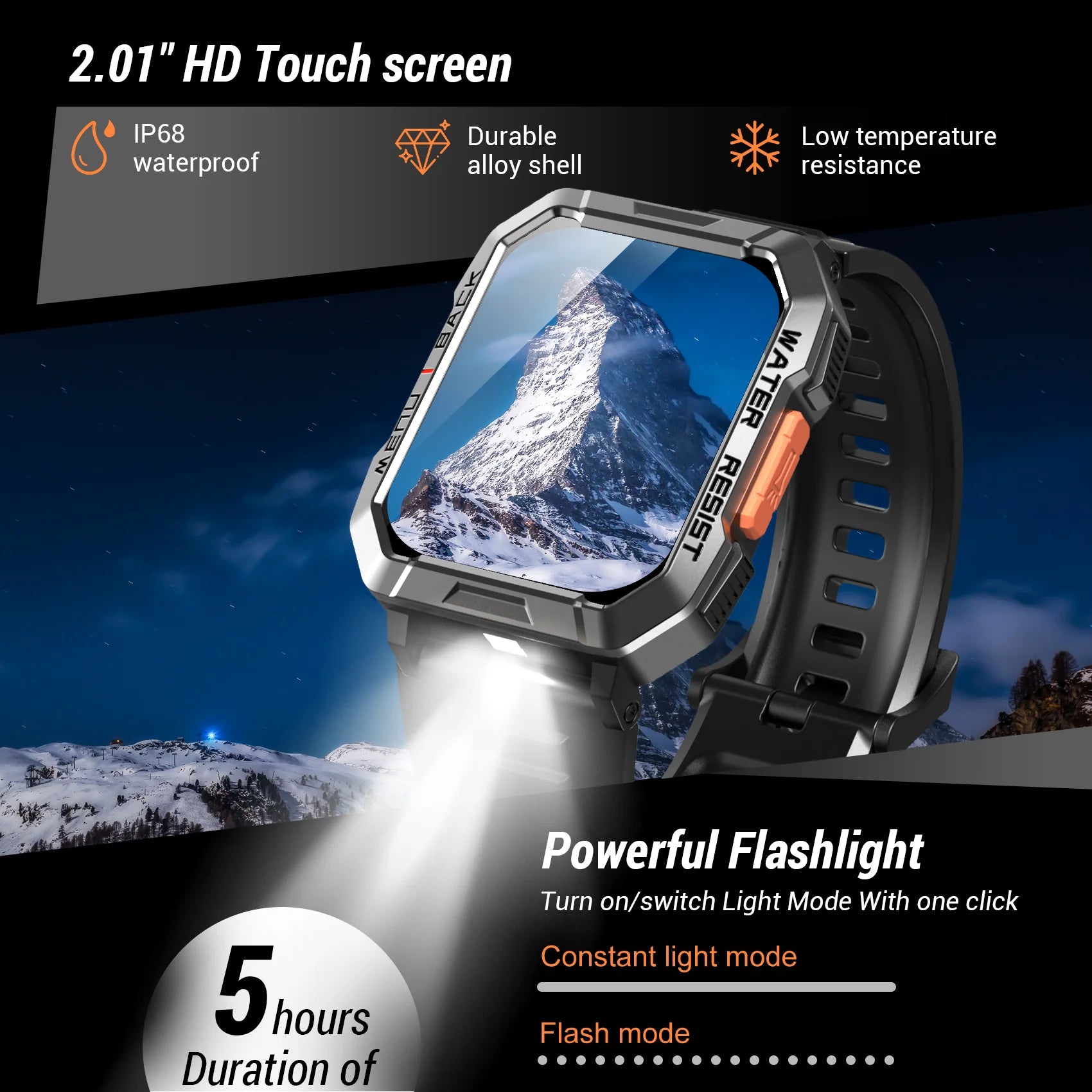 New Smart Watch 2.01'' HD Display Outdoor Men'S Watches with Emergency Lighting Bluetooth Call Waterproof Smartwatch