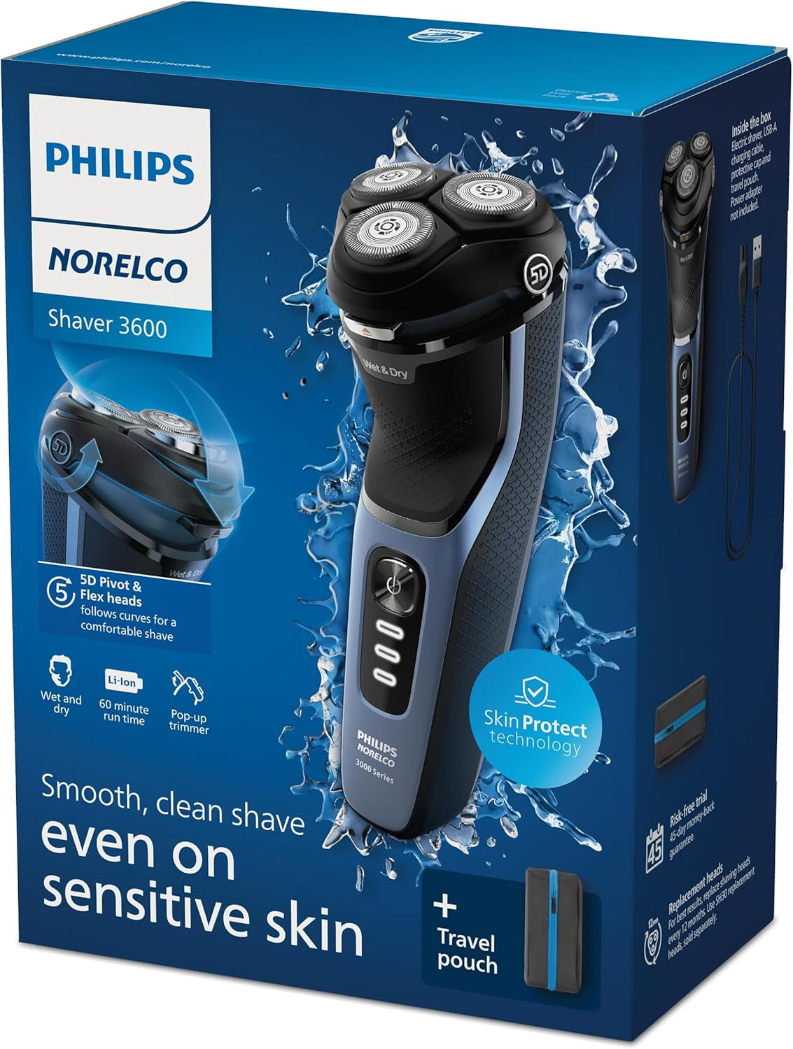 Shaver 3600 Series, Wet and Dry Electric Shaver, P-Cap, Travel Pouch, Storm Blue, Model S3243/91