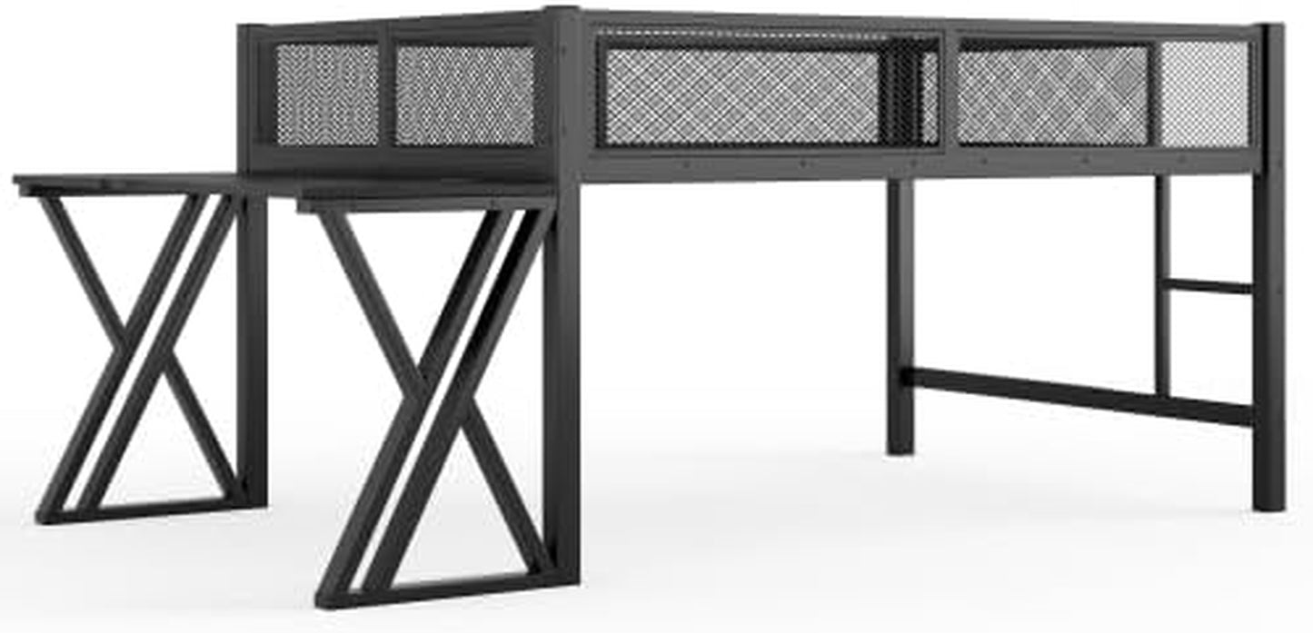 Full Size Gaming Loft Bed with Desk, USB Ports & LED Lights, Metal Loft Bed Frame with Mesh Guardrails, Space-Saving for Dorms, Bedrooms, & Gaming Setups (Black/Full)