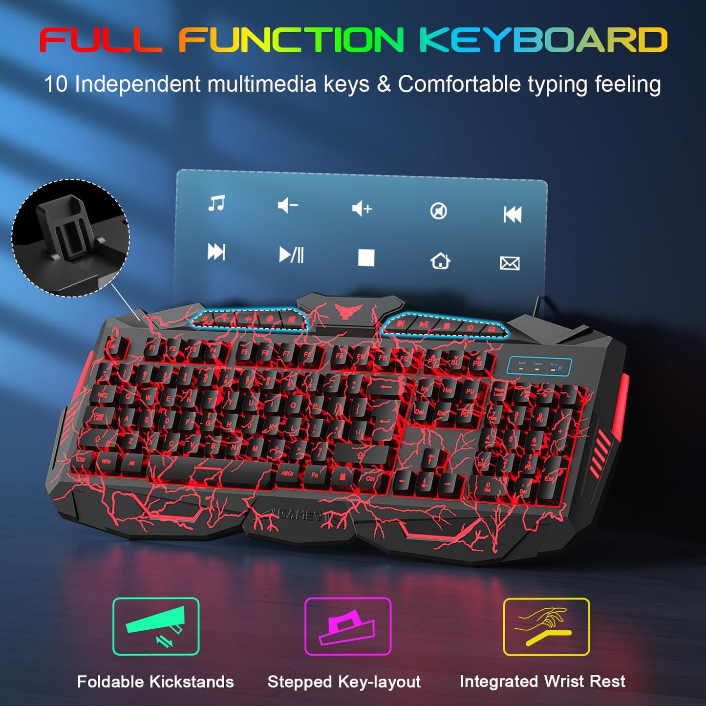 Gaming Keyboard Mouse Headset Combo, USB Wired Crack Backlit,114 Keys Letters Glow LED Keyboard, Red LED Light Headset for Laptop PC Computer Work and Game