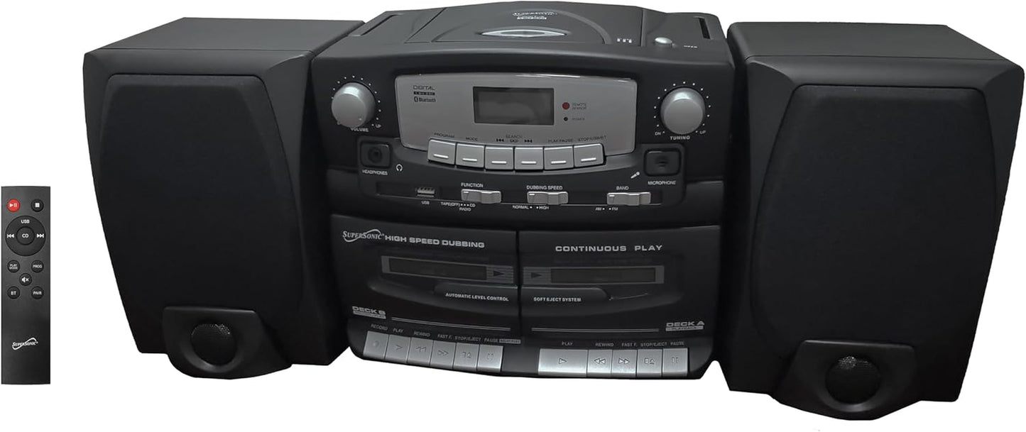 Black Edition Vintage Bluetooth Stereo System Home Music Audio System, CD/MP3 Player, AM/FM Radio, Dual Cassette Player/Rec USB Inputs, Detachable Speakers, AC/DC