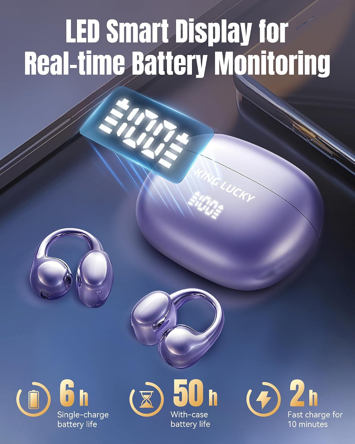 Clip-On Earbuds Gen 3, Open-Ear Wireless Bluetooth 6.0 Headphones with Mic, Secure Fit for Small Ears & Glasses Wearers, 50H Playtime, LED Digital Display, ENC, IPX5 Waterproof (Purple)