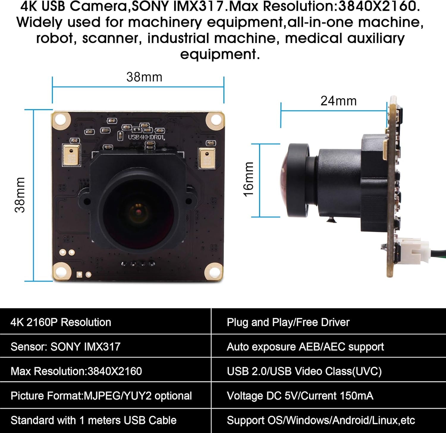 4K USB Camera Module Wide Angle with Microphone 170Degree Fisheye Lens Audio Video Webcam Board for Computer Mini UVC USB2.0 PC Camera Industrial USB with Camera IMX317 Lightburn Camera
