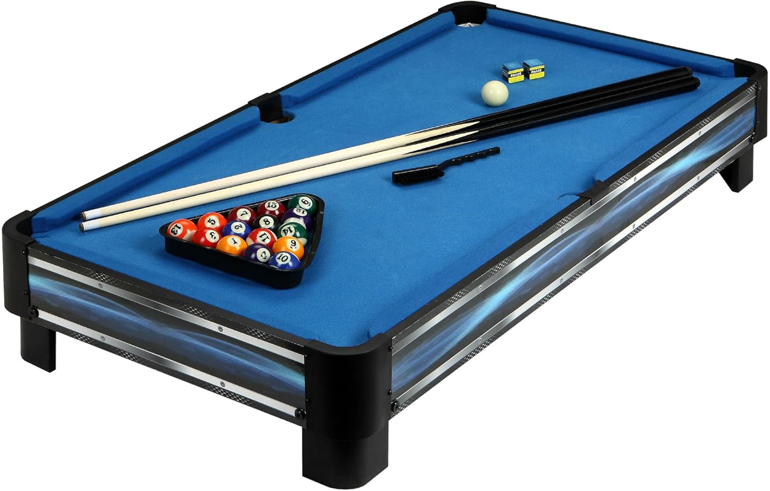 Breakout 40-In Tabletop Billiards Set for Dining or Game Tables – Compact Blue Pool Playing Surface with Cue Sticks, Ball Kit, Triangle, Chalk & Brush – Lightweight Portable Indoor Fun
