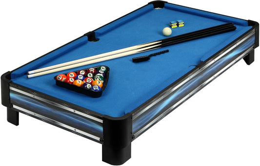Breakout 40-In Tabletop Billiards Set for Dining or Game Tables – Compact Blue Pool Playing Surface with Cue Sticks, Ball Kit, Triangle, Chalk & Brush – Lightweight Portable Indoor Fun