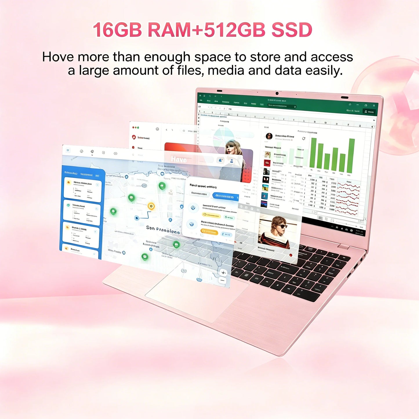 15.6" Pink Laptop Computer, 16GB RAM 512GB SSD, Intel 6500Y (Up to 3.4Ghz) with Office 2024, Windows 11 Pro Laptop, FHD Display, Wifi5 BT5.0 for Business, Student, Office