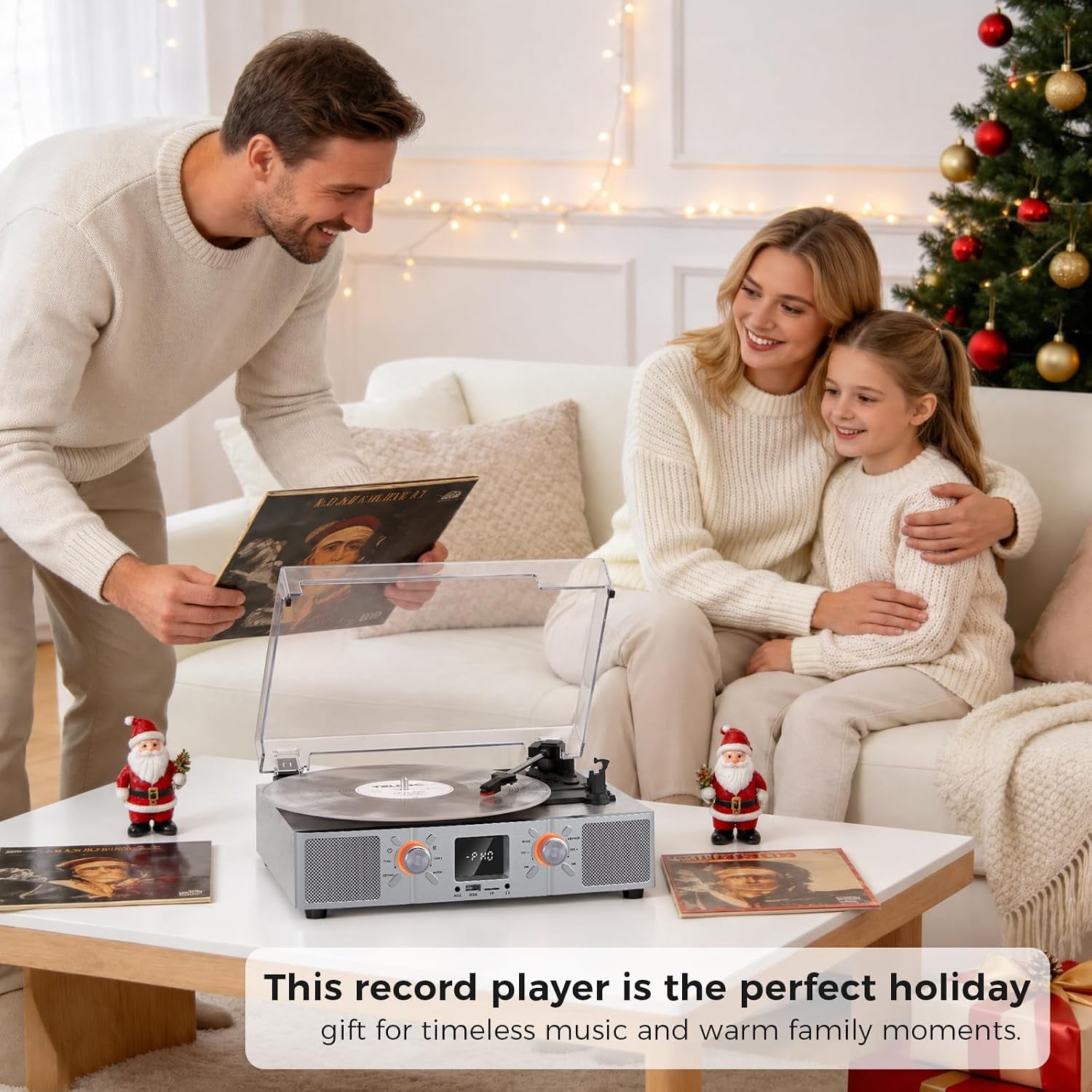 Vinylslink Vinyl Record Player with Speakers, Bluetooth Turntable, 3-Speed LP Player with Auto Stop, USB/TF Playback and Recording, FM Radio, LED Display, RCA Out, AUX In, Headphone Jack, Silver