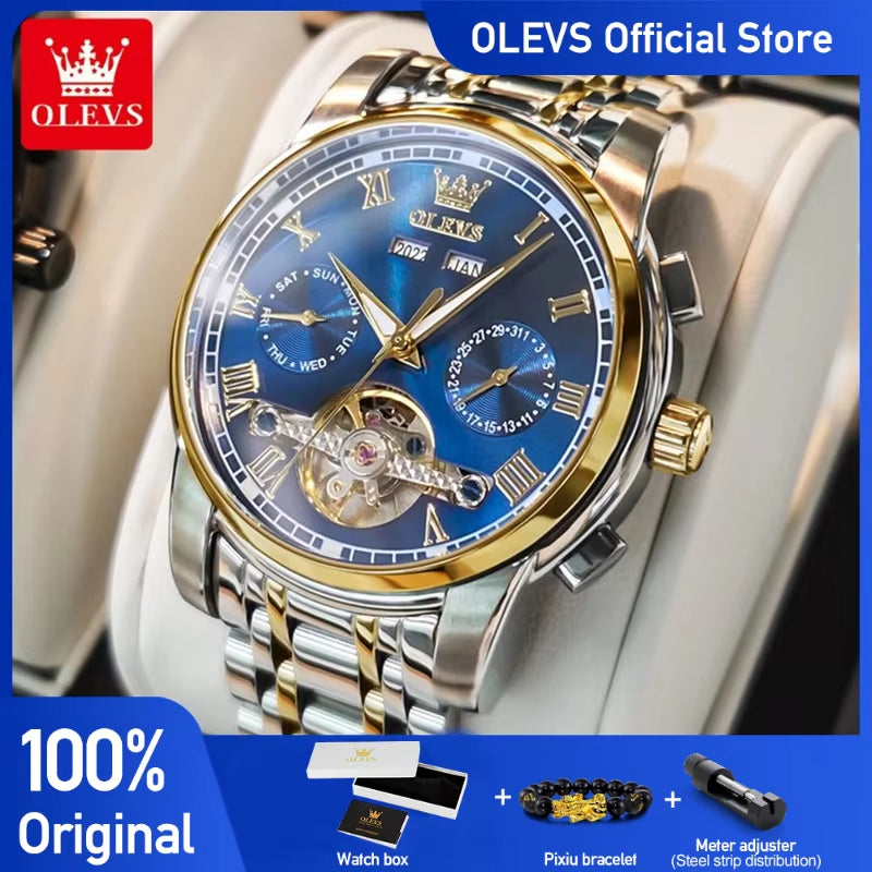 Men'S Watches Automatic Mechanical Business Wristwatch Waterproof Stainless Steel Strap Watch for Man Skeleton Calendar