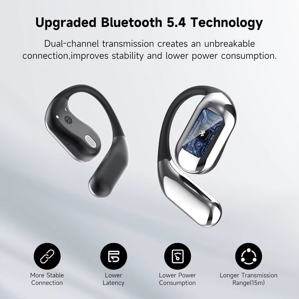 Open Ear Earbuds, Wireless Bluetooth 5.4, IPX7 Waterproof, Bone Conduction, Touch Screen, Ear Hooks, for Running & Fitness