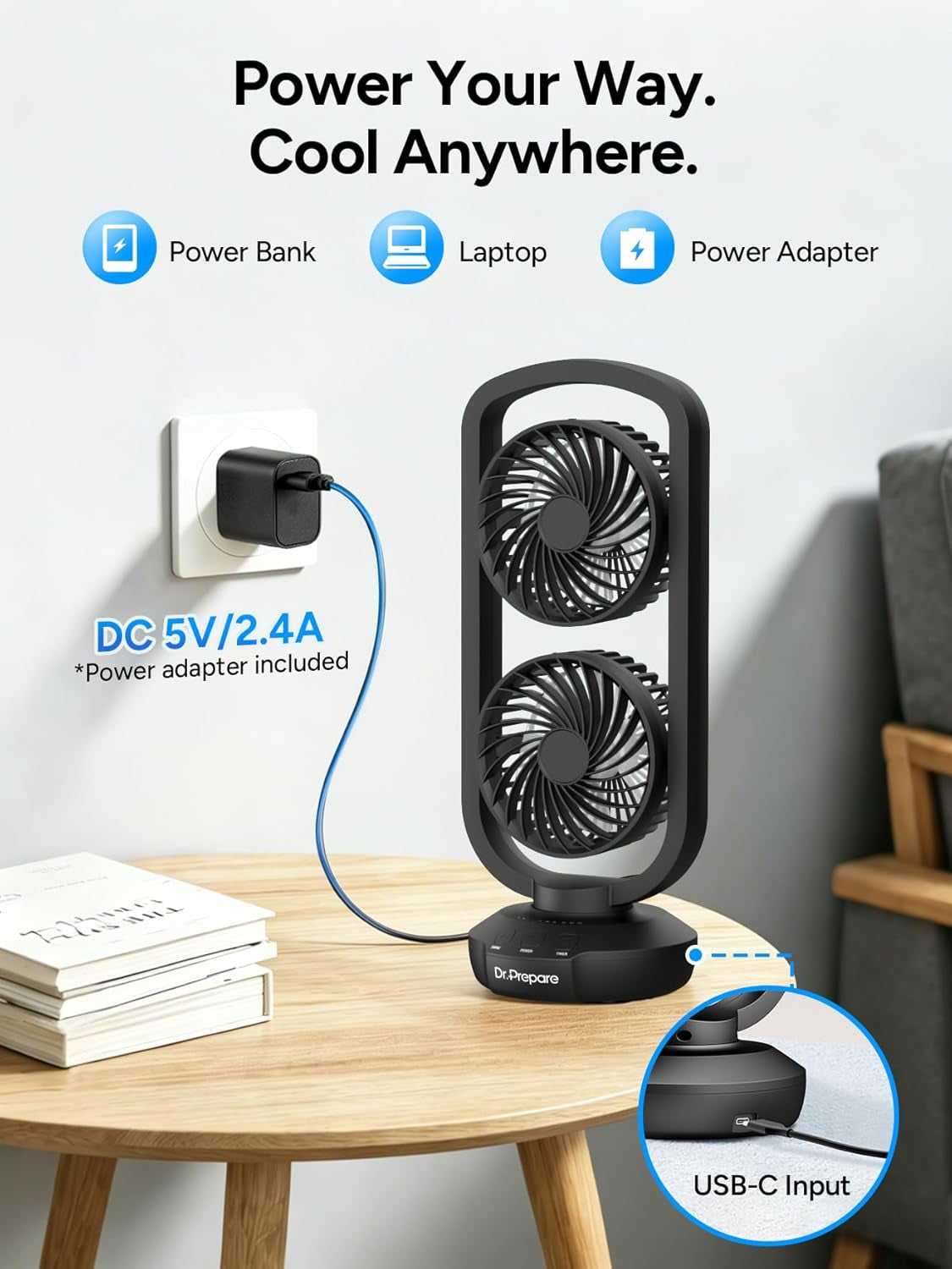 Small Tower Fan Oscillating Table Fans with 270° Tilt, 105° Oscillating, 3 Speeds and 3 Auto-Off Timer, Portable USB Powered Desk Fan for Bedroom Office Home Desk, Powerful Airflow 15 Inch