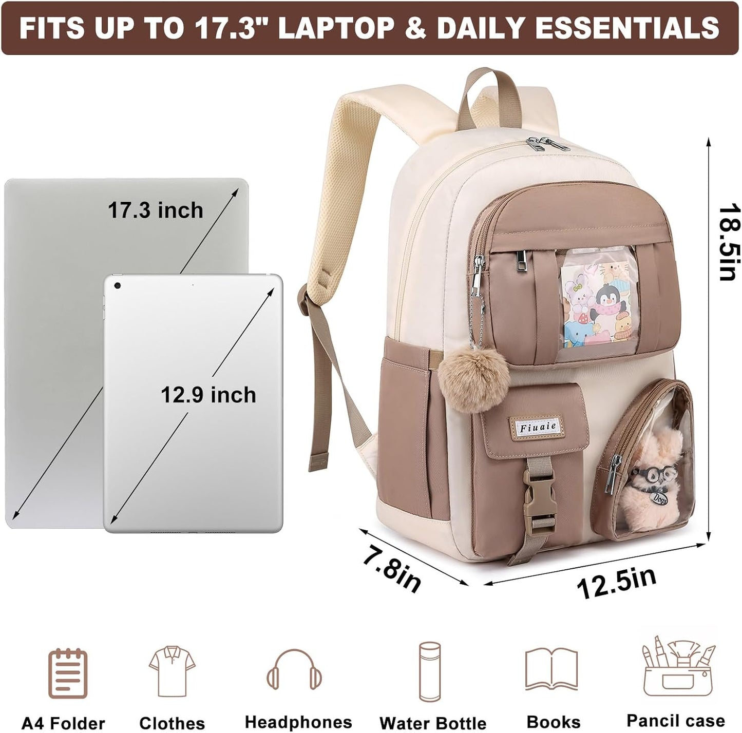 School Backpack for Teen Girls Bookbag: Large 17.3 Inch Backpacks for Kids Middle High School Bookbags Durable Laptop Backpack for Women Cute Student Casual Daypack for Travel Khaki Beige