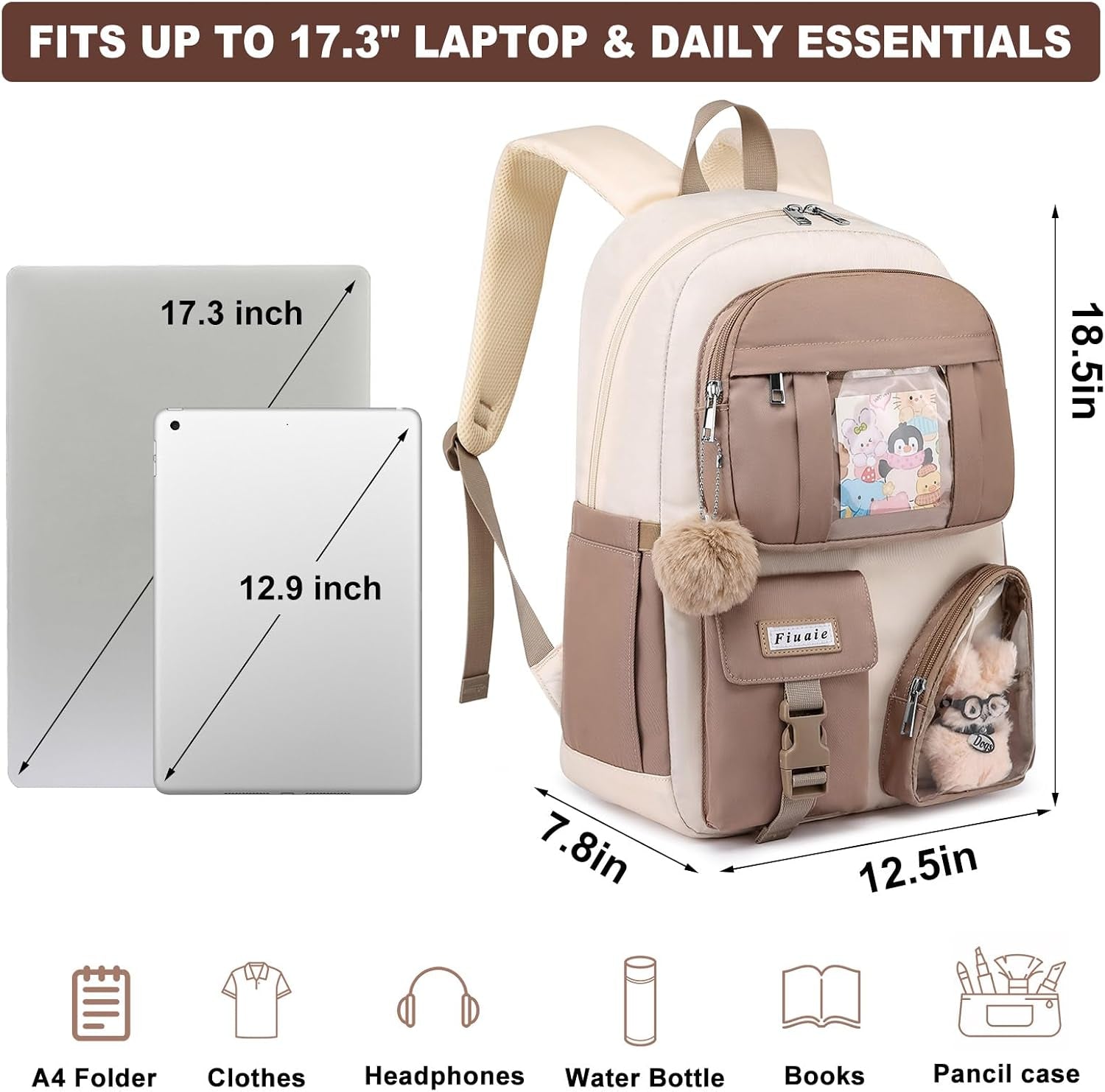 School Backpack for Teen Girls Bookbag: Large 17.3 Inch Backpacks for Kids Middle High School Bookbags Durable Laptop Backpack for Women Cute Student Casual Daypack for Travel Khaki Beige