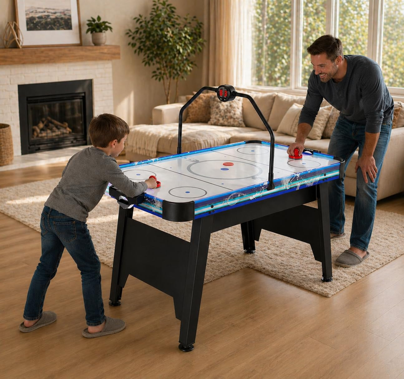 58" Air Hockey Table, Arcade Style with Powerful 700Ma Motor, Accurate Digital LED Scoreboard on Overhead Gantry, Includes 2 Pucks and 2 Pushers