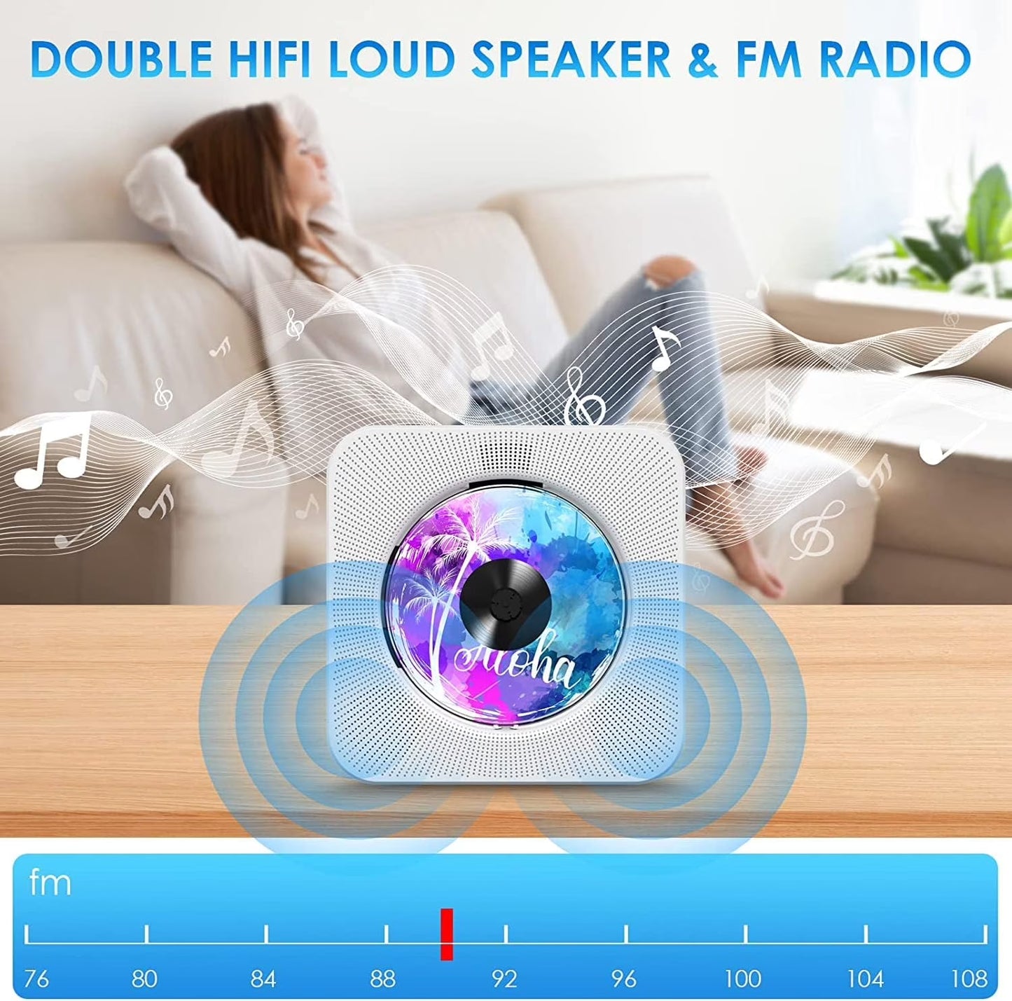 Portable CD Player with Bluetooth, Desktop CD Music Players for Home Built-In Double Hifi Sound Speakers, Support AUX&USB Headphone Jack, FM Radio Boombox, LCD Screen Display for Kids Gift