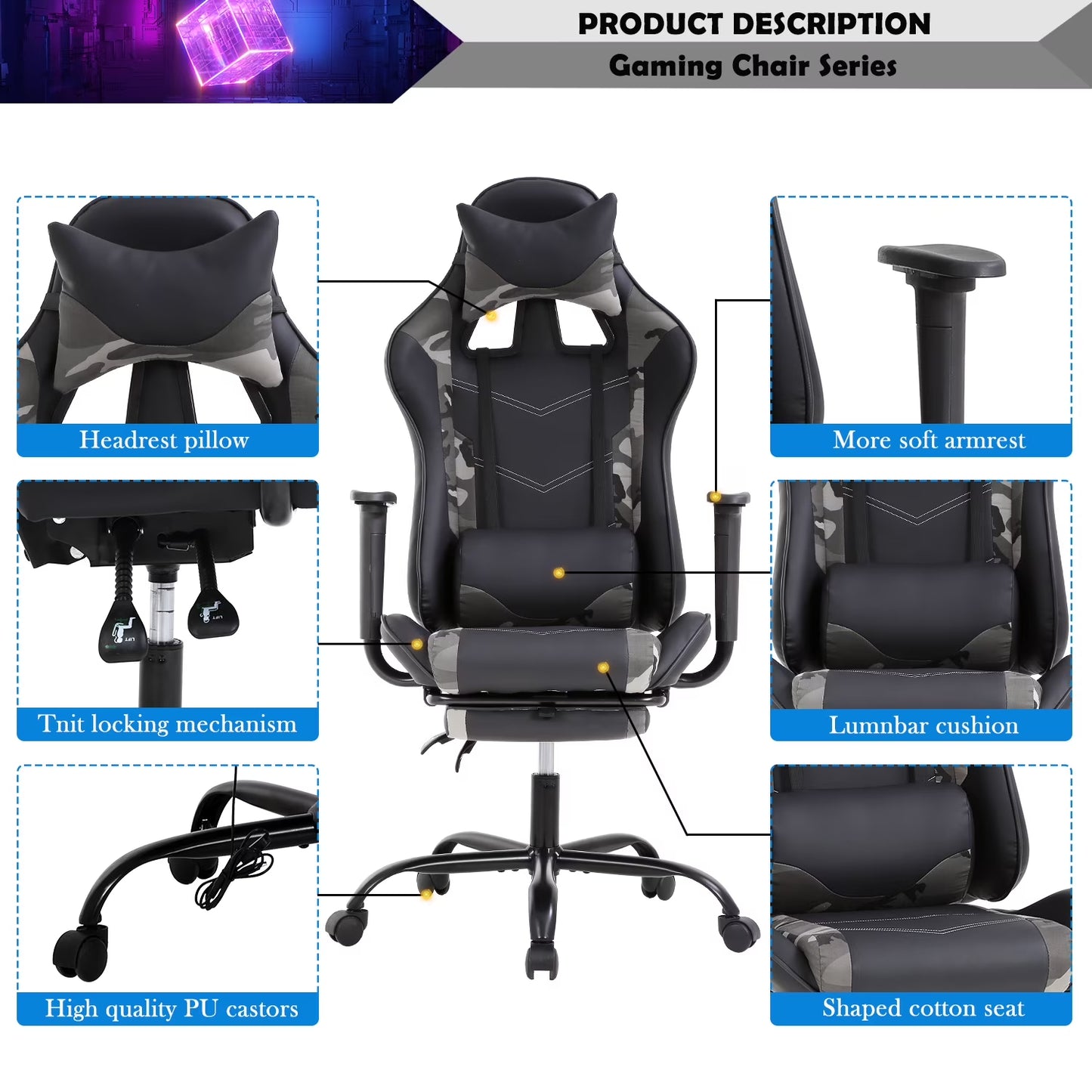Gaming Chair Racing Office Chair Ergonomic Desk Chair Massage PU Leather Recliner PC Computer Chair with Lumbar Support Headrest Armrest Footrest Rolling Swivel Task Chair for Adults, Camo