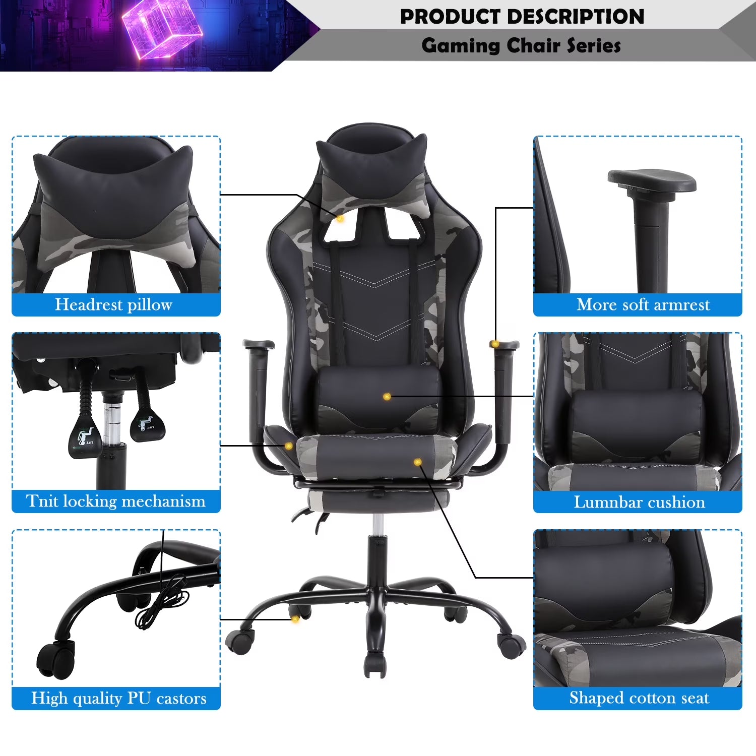 Gaming Chair Racing Office Chair Ergonomic Desk Chair Massage PU Leather Recliner PC Computer Chair with Lumbar Support Headrest Armrest Footrest Rolling Swivel Task Chair for Adults, Camo
