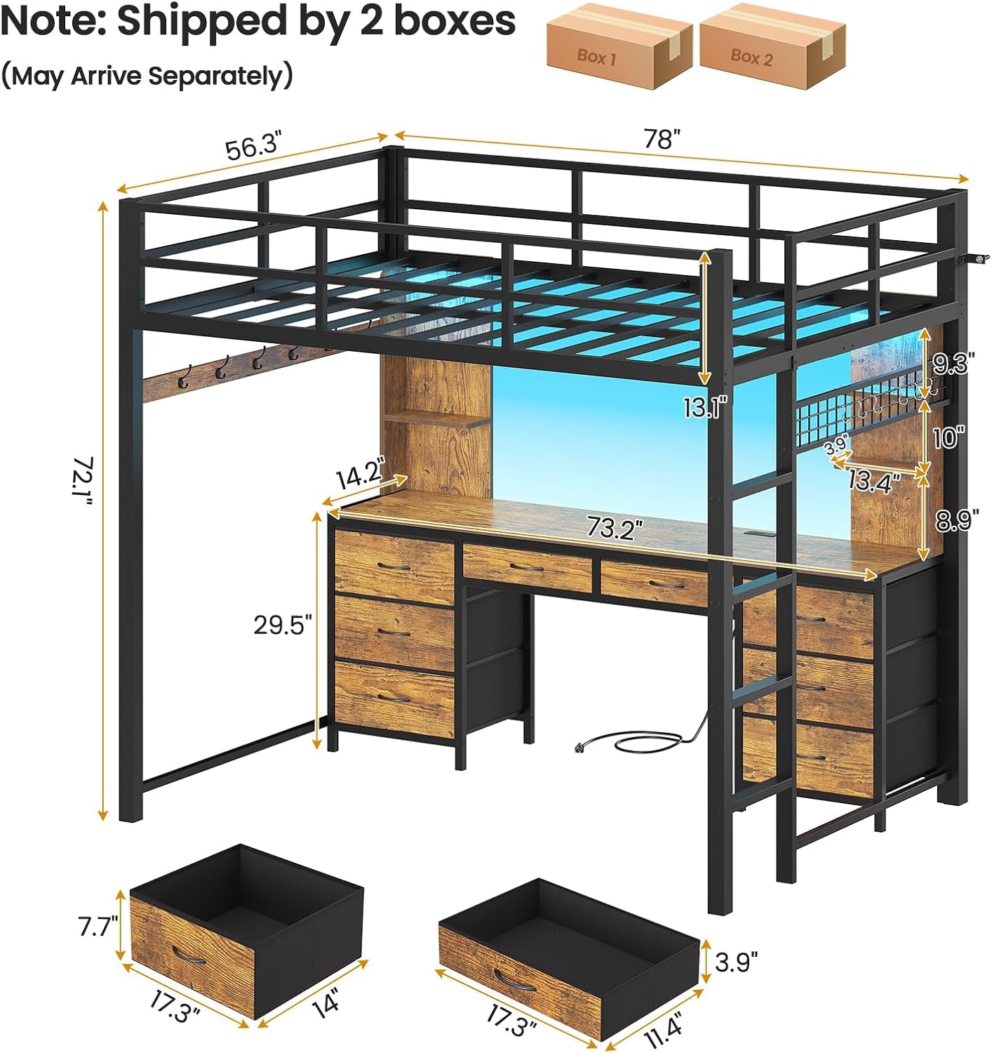 Full Size Loft Bed with Desk and 8 Storage Drawers for Teens,Rustic Brown | Metal Loft Beds with LED Lights & Charging Sation, Heavy Duty Bed Frame with 6 Storage Shelves, Space-Saving, Noise Free